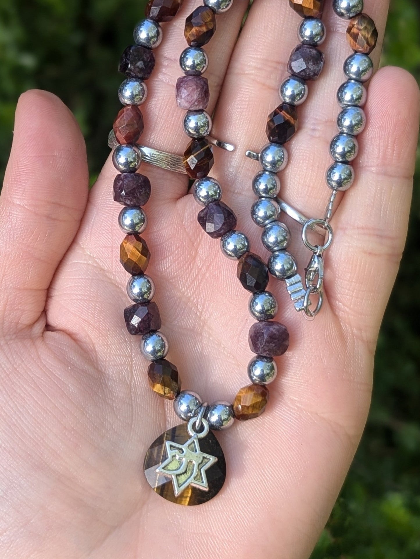 Tiger's Eye and Garnet Cubes Chai Magen David Necklace