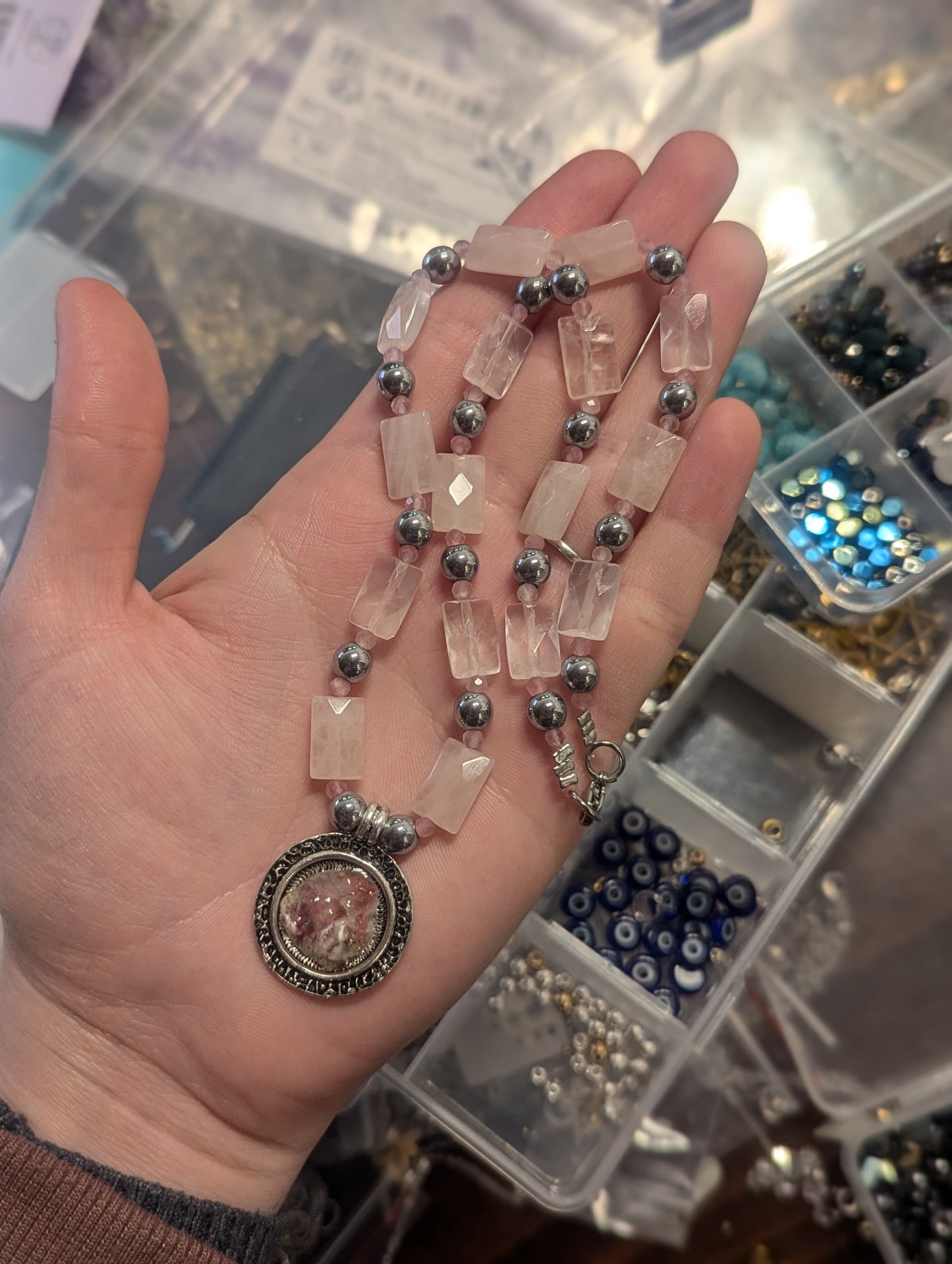 Israel Encapsulated: Pink Shell Resin, Rose Quartz and Silvery Beaded Necklace