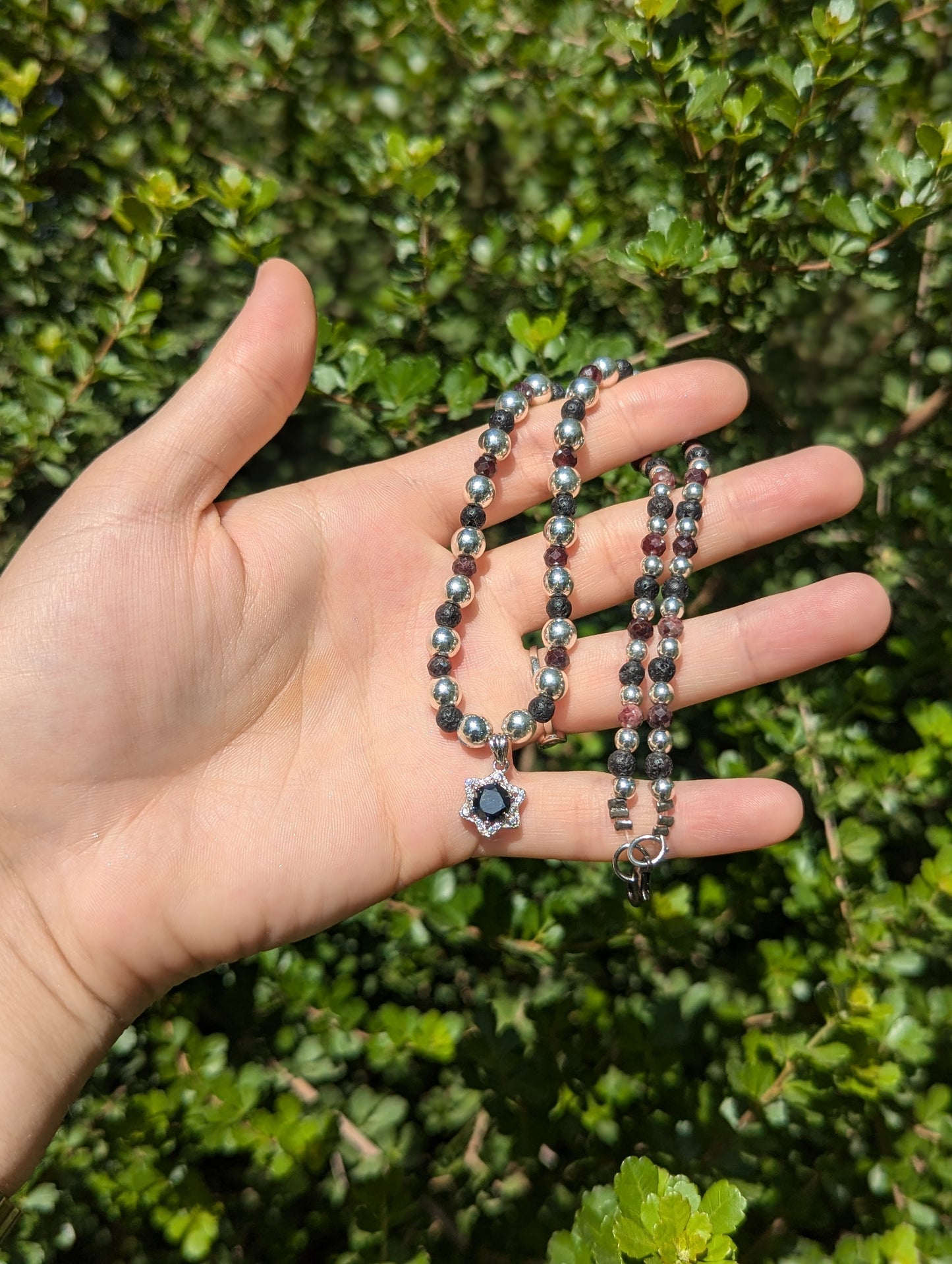 Black Moissanite Magen David, Garnet Gemstones, Silver and Black Beads