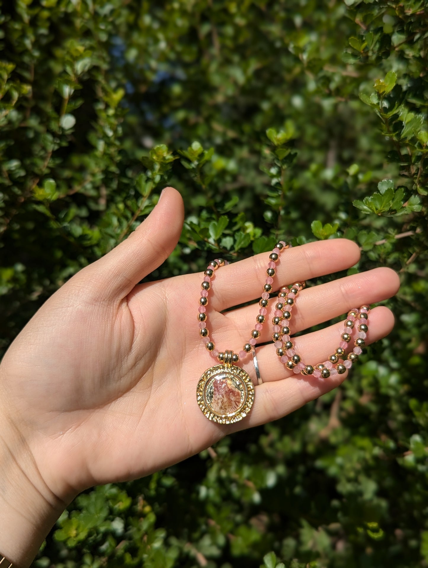 Israel Encapsulated: Pink Shell Resin Gold Plated Pendant, Rose Quartz and Golden Beaded Necklace