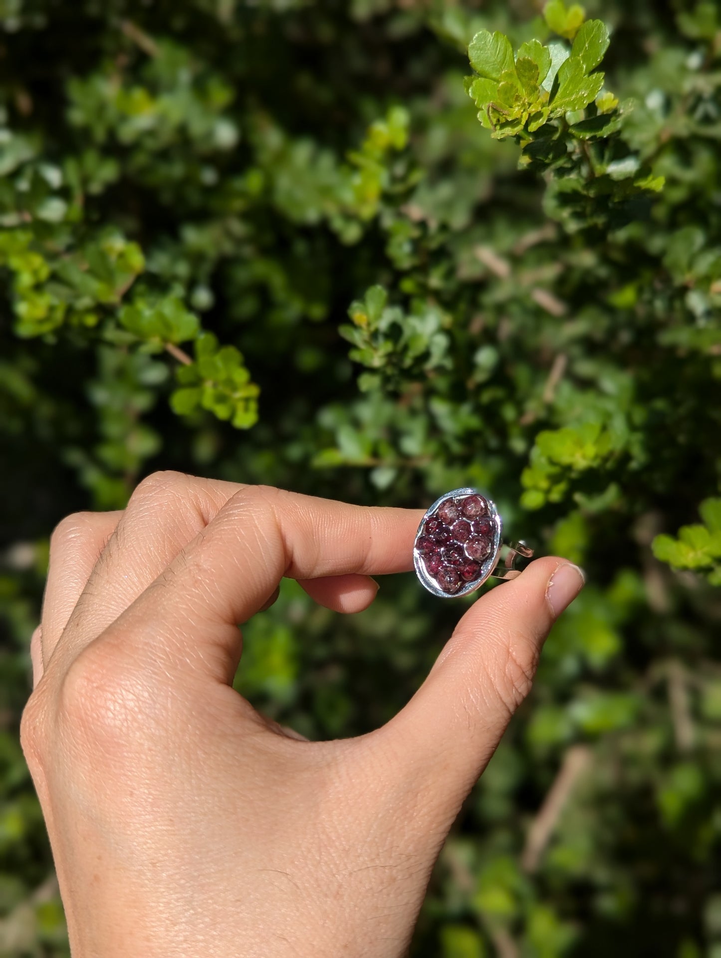Garnet Gemstones Resin Ring in Adjustable Oval Stainless Steel Ring