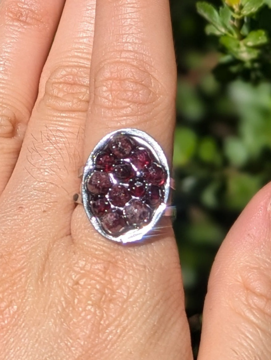Garnet Gemstones Resin Ring in Adjustable Oval Stainless Steel Ring