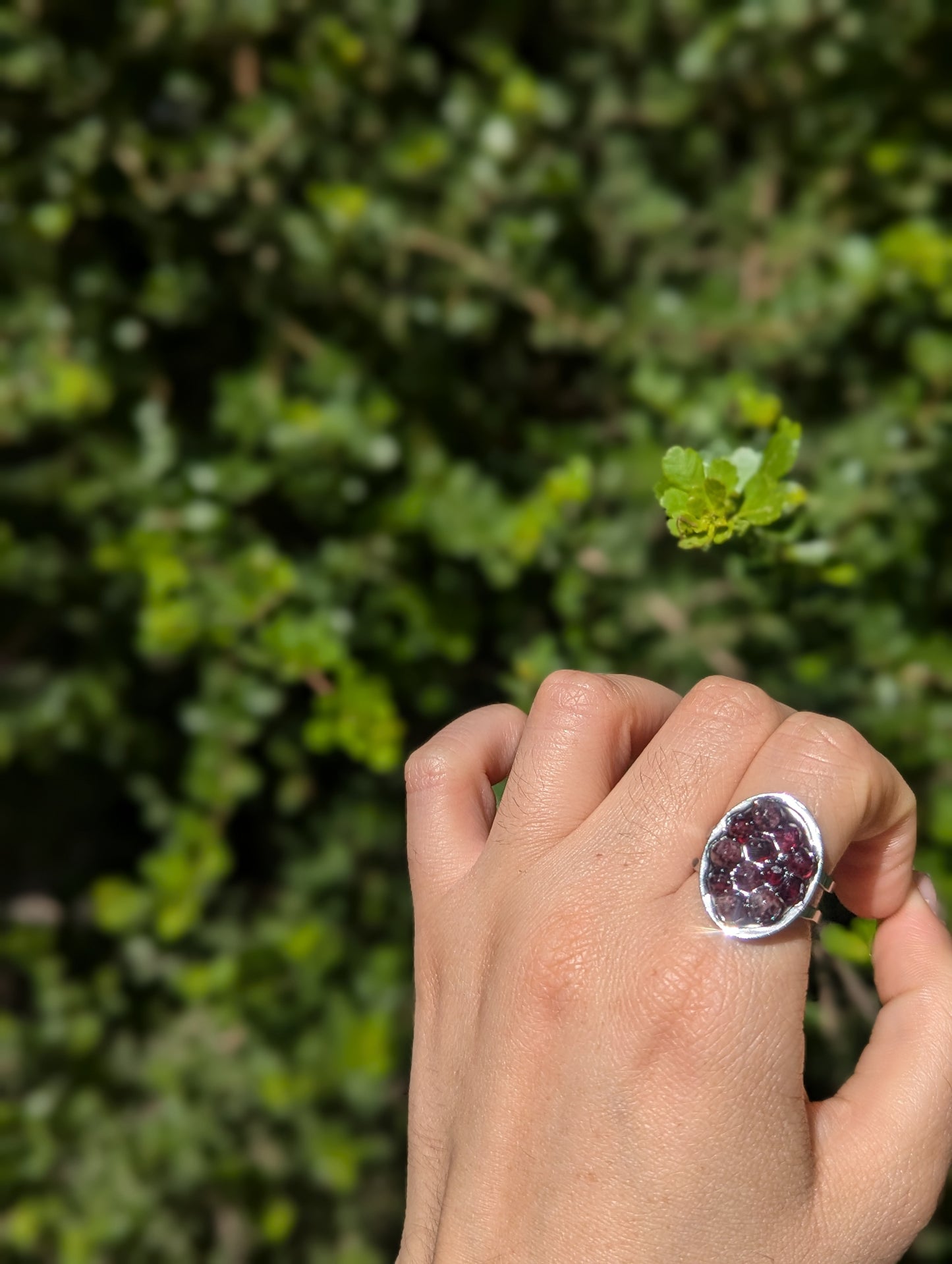 Garnet Gemstones Resin Ring in Adjustable Oval Stainless Steel Ring