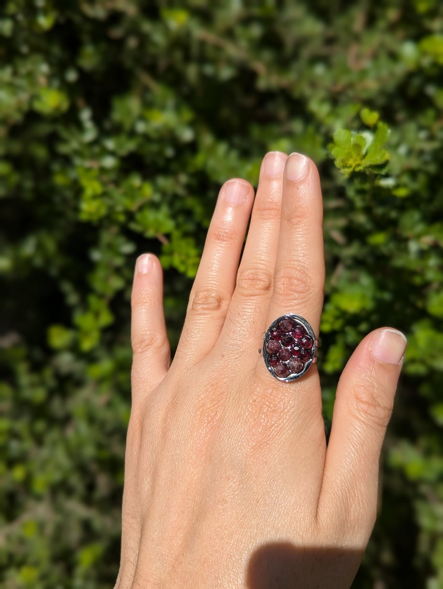 Garnet Gemstones Resin Ring in Adjustable Oval Stainless Steel Ring