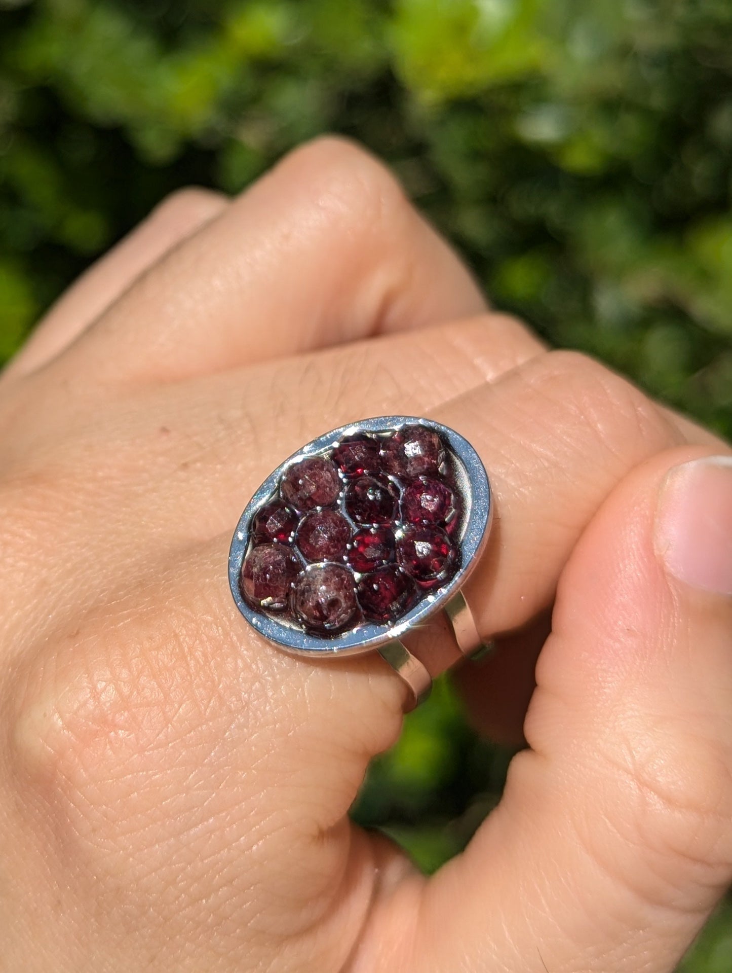 Garnet Gemstones Resin Ring in Adjustable Oval Stainless Steel Ring