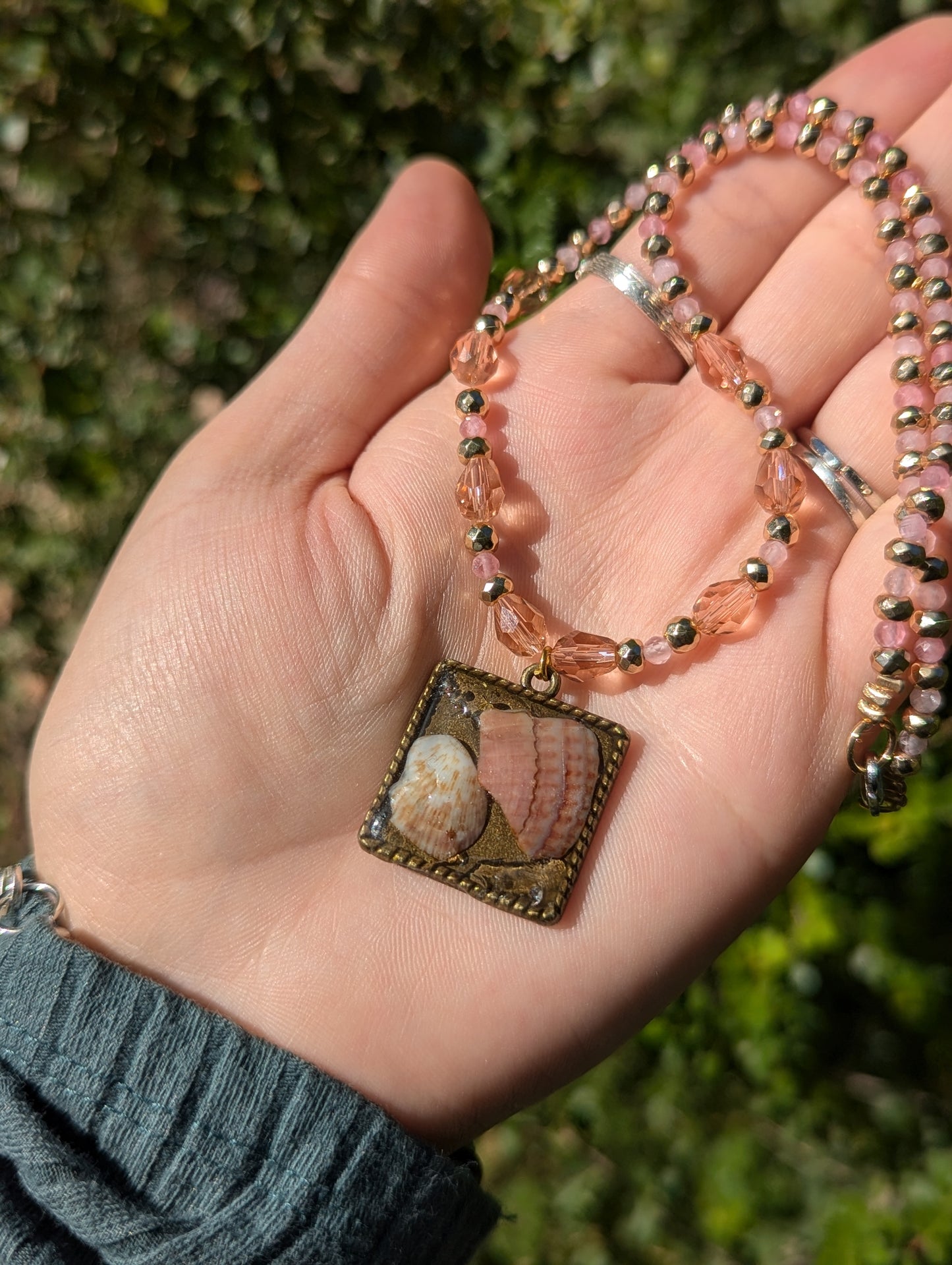 Israel Encapsulated: Pink and Brown White Shells in Resin and Rose Quartz Beaded Gemstones Necklace