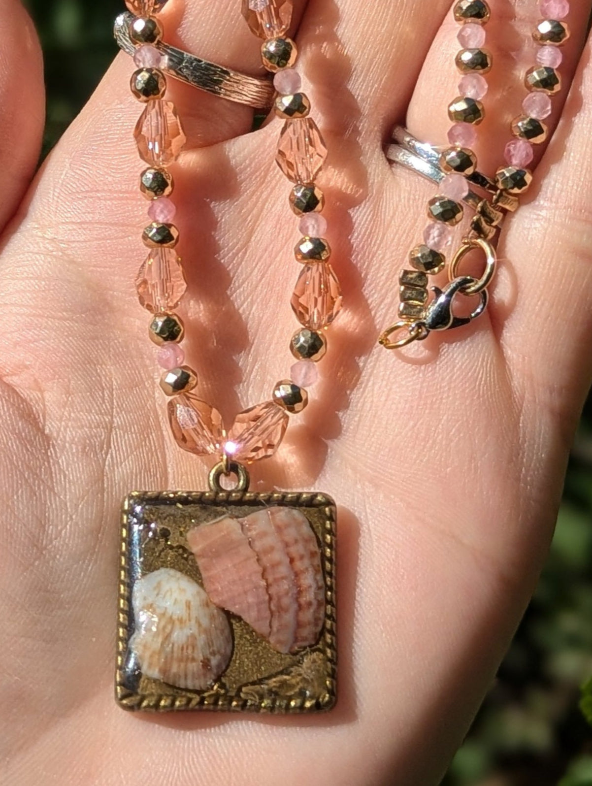 Israel Encapsulated: Pink and Brown White Shells in Resin and Rose Quartz Beaded Gemstones Necklace