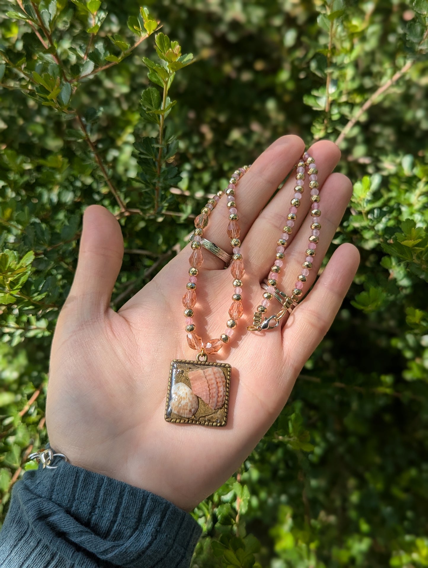 Israel Encapsulated: Pink and Brown White Shells in Resin and Rose Quartz Beaded Gemstones Necklace