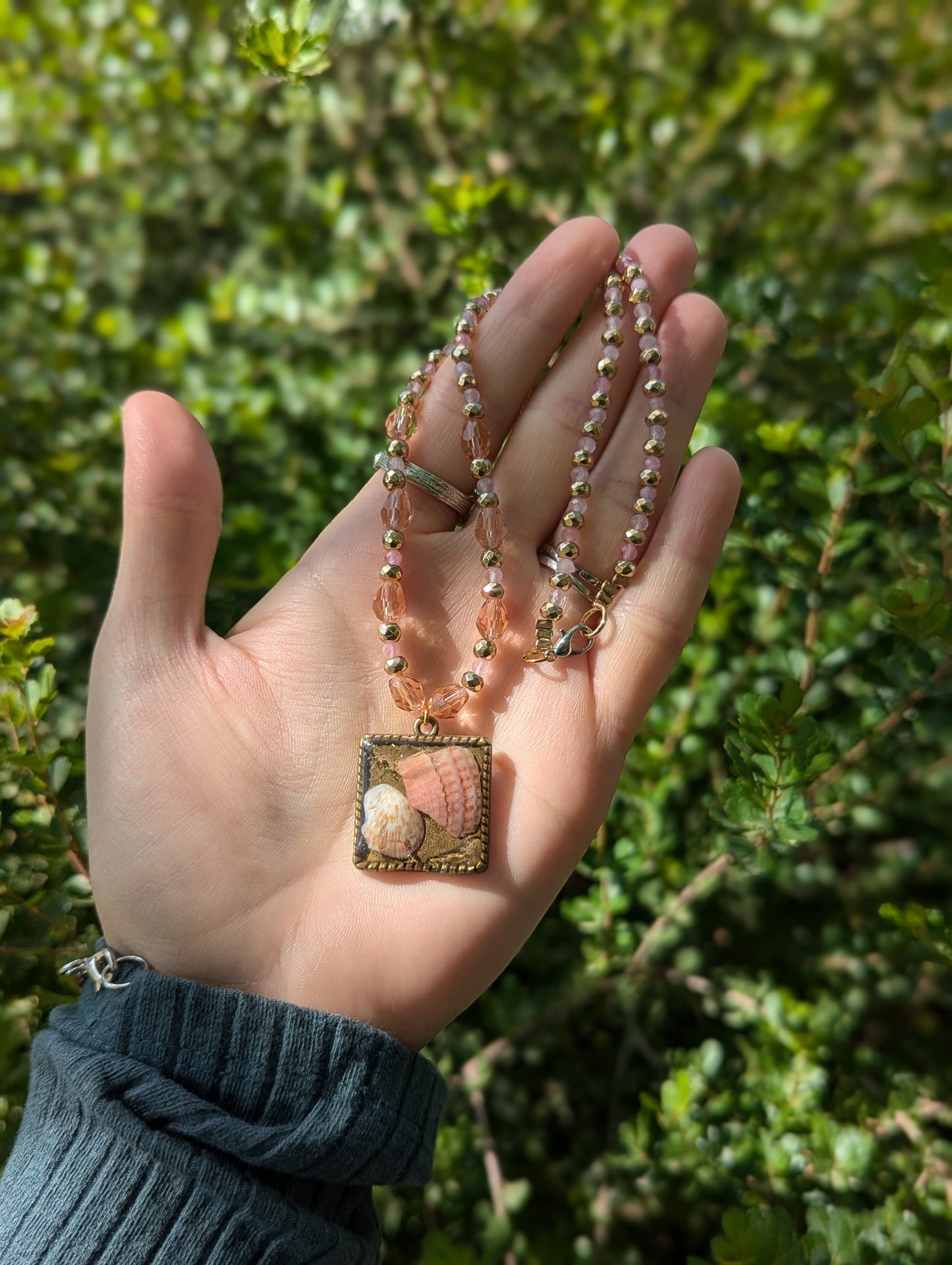Israel Encapsulated: Pink and Brown White Shells in Resin and Rose Quartz Beaded Gemstones Necklace