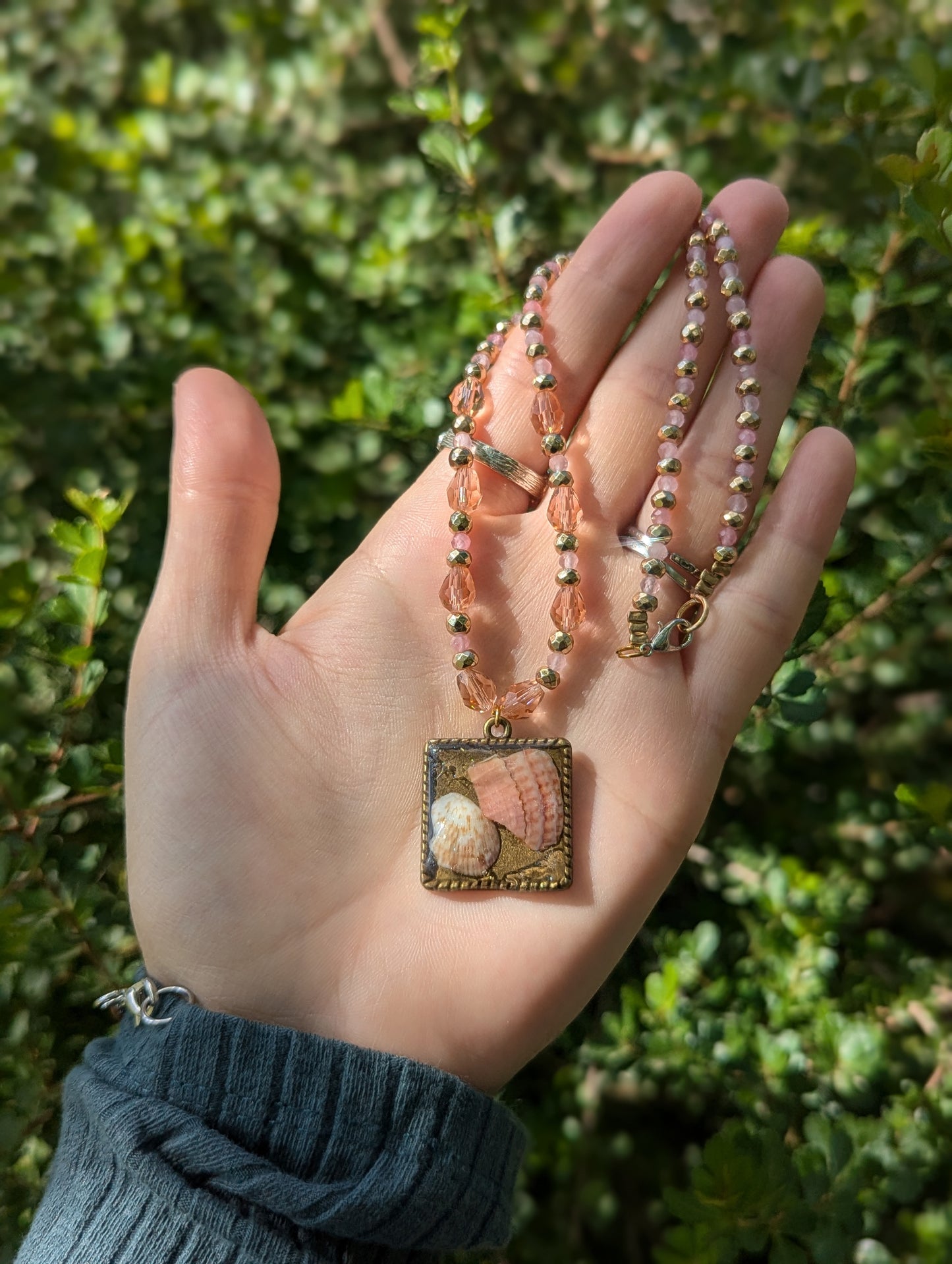 Israel Encapsulated: Pink and Brown White Shells in Resin and Rose Quartz Beaded Gemstones Necklace