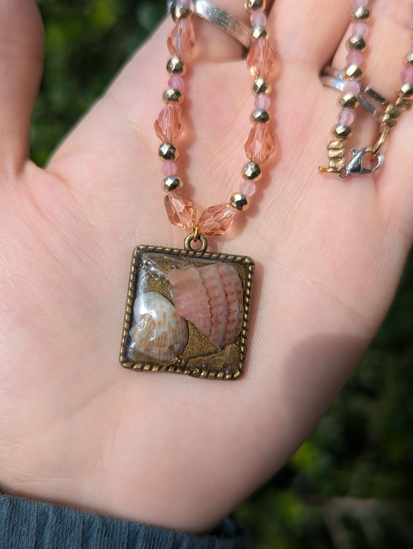 Israel Encapsulated: Pink and Brown White Shells in Resin and Rose Quartz Beaded Gemstones Necklace