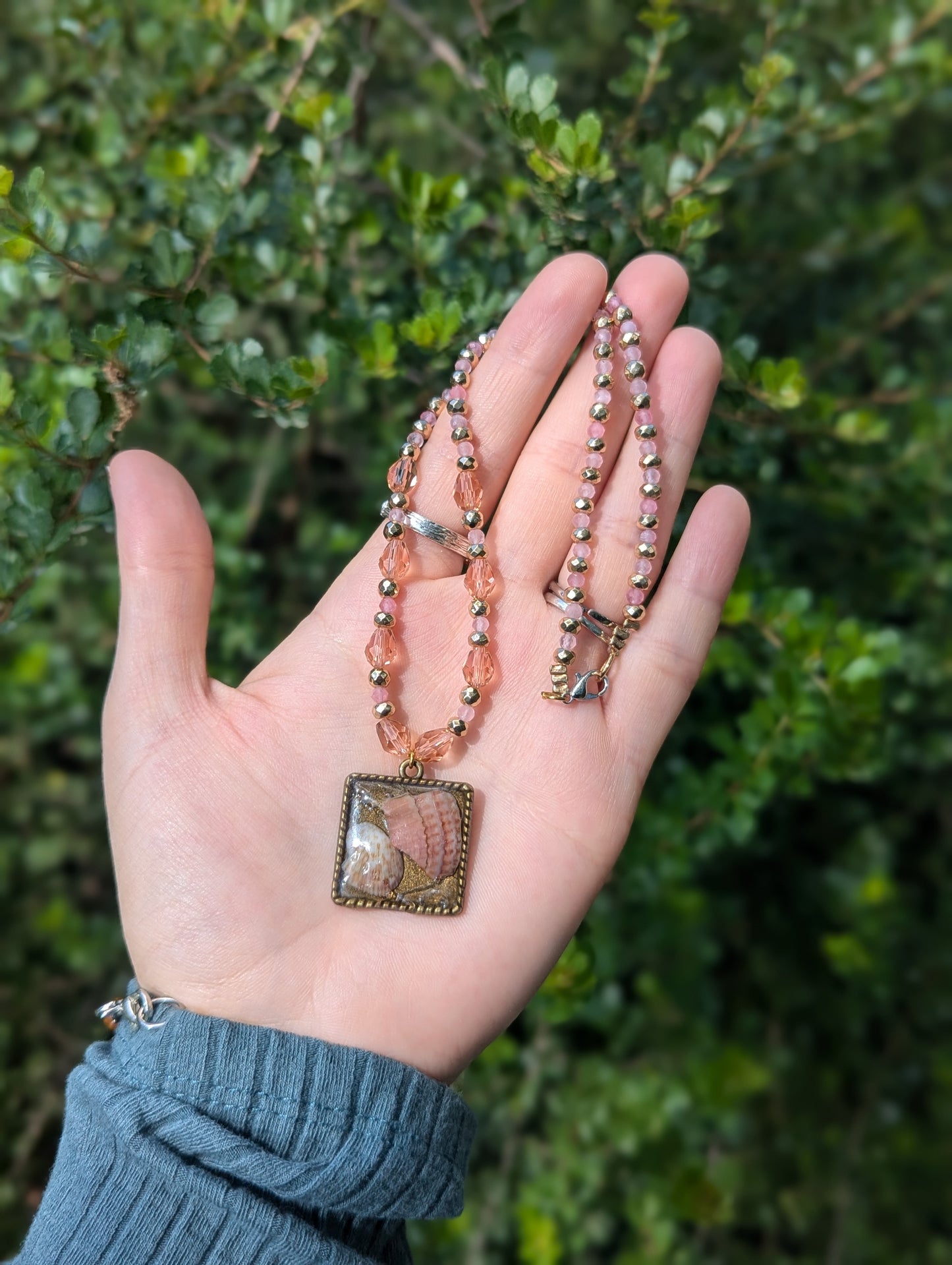 Israel Encapsulated: Pink and Brown White Shells in Resin and Rose Quartz Beaded Gemstones Necklace