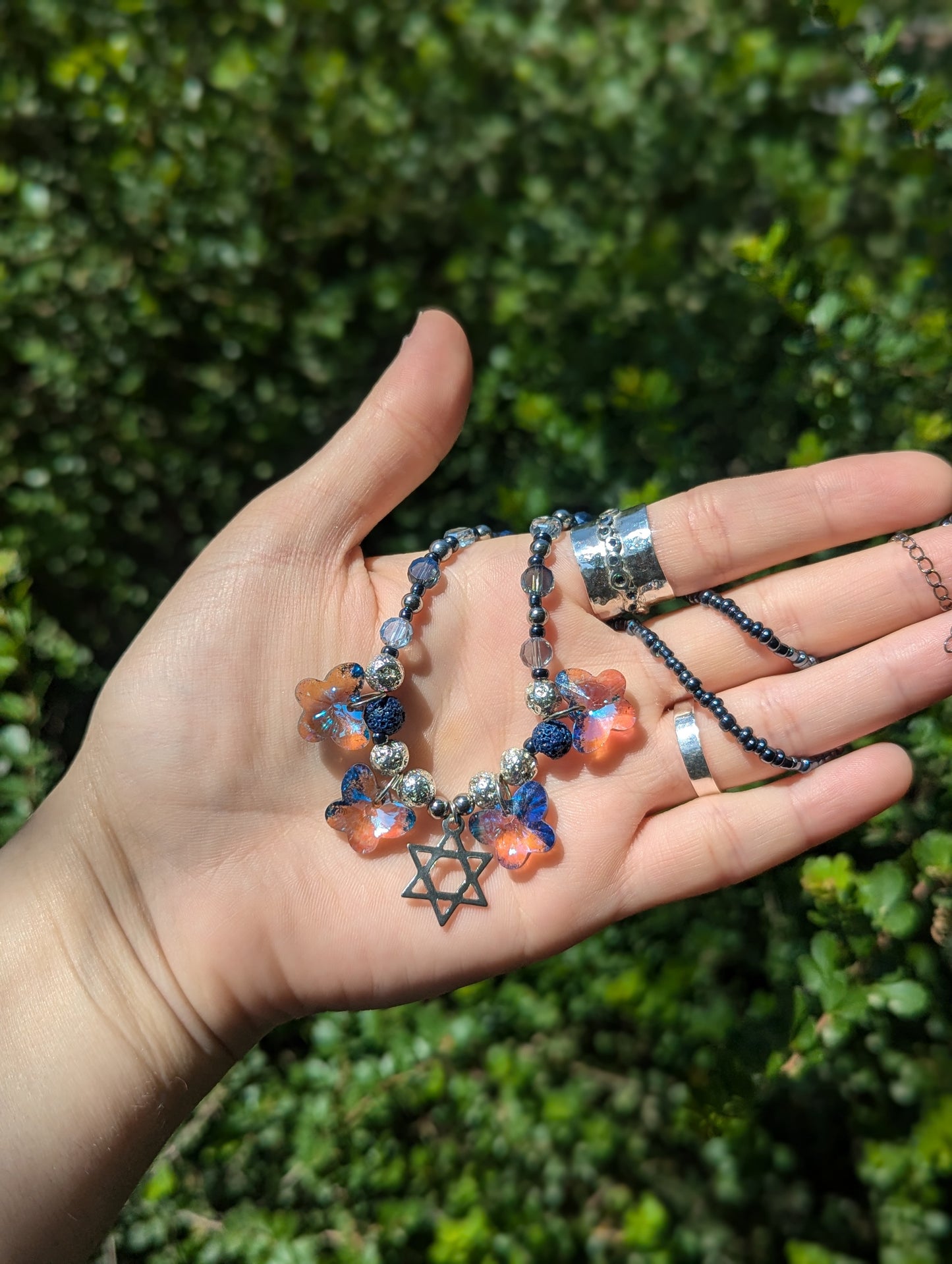 Blue Butterflies Magen David Necklace