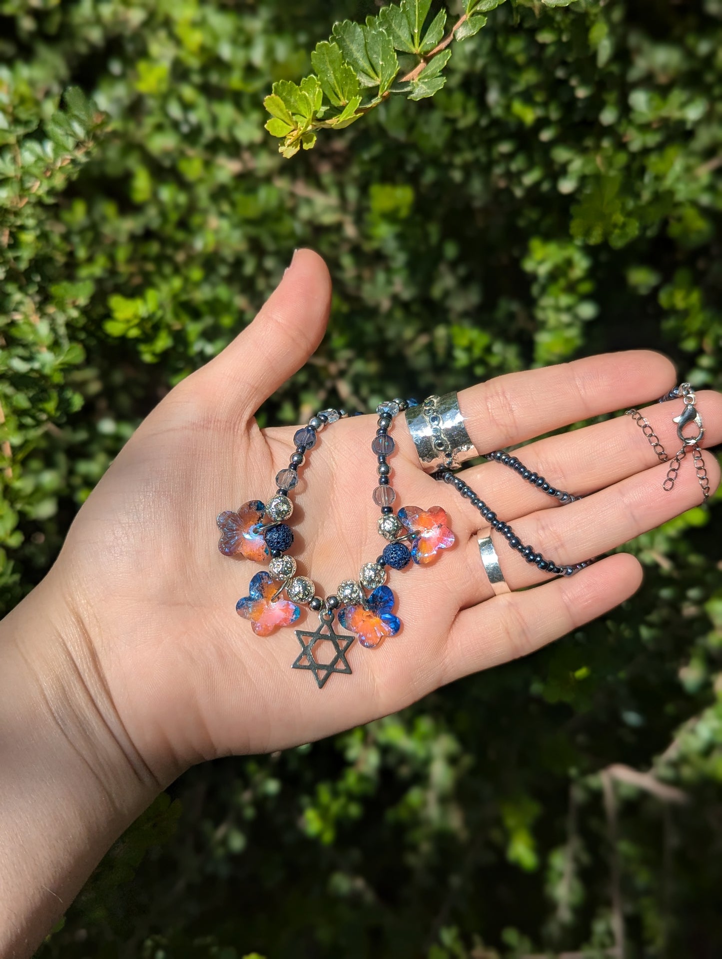 Blue Butterflies Magen David Necklace