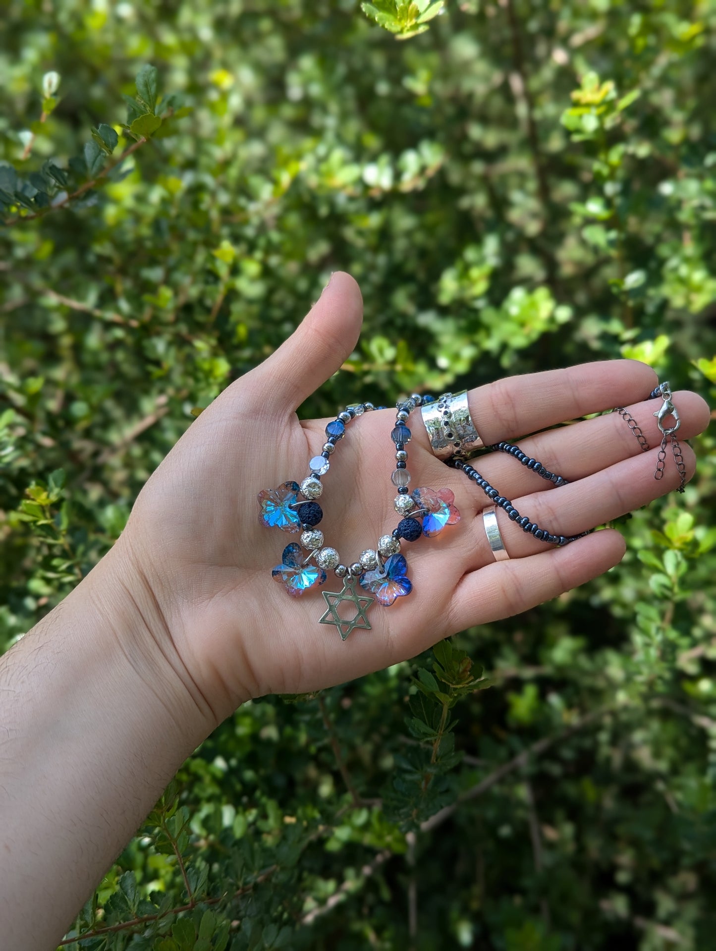 Blue Butterflies Magen David Necklace