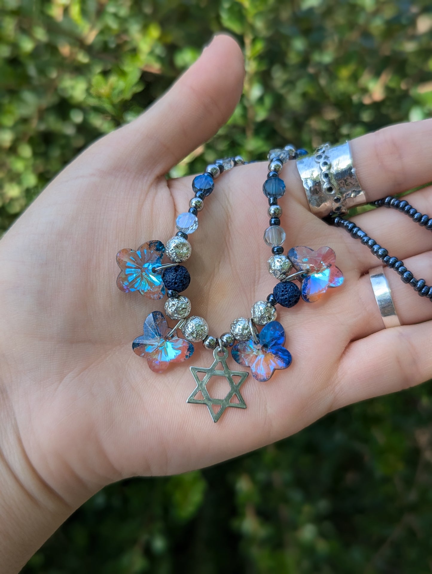 Blue Butterflies Magen David Necklace