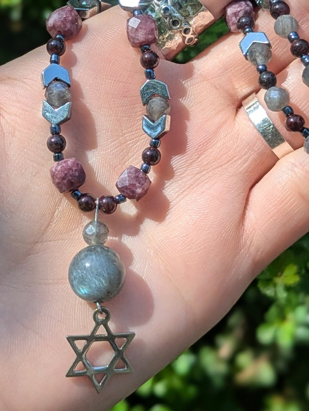 Garnet Cubes & Labradorite Gemstones Magen David Necklace