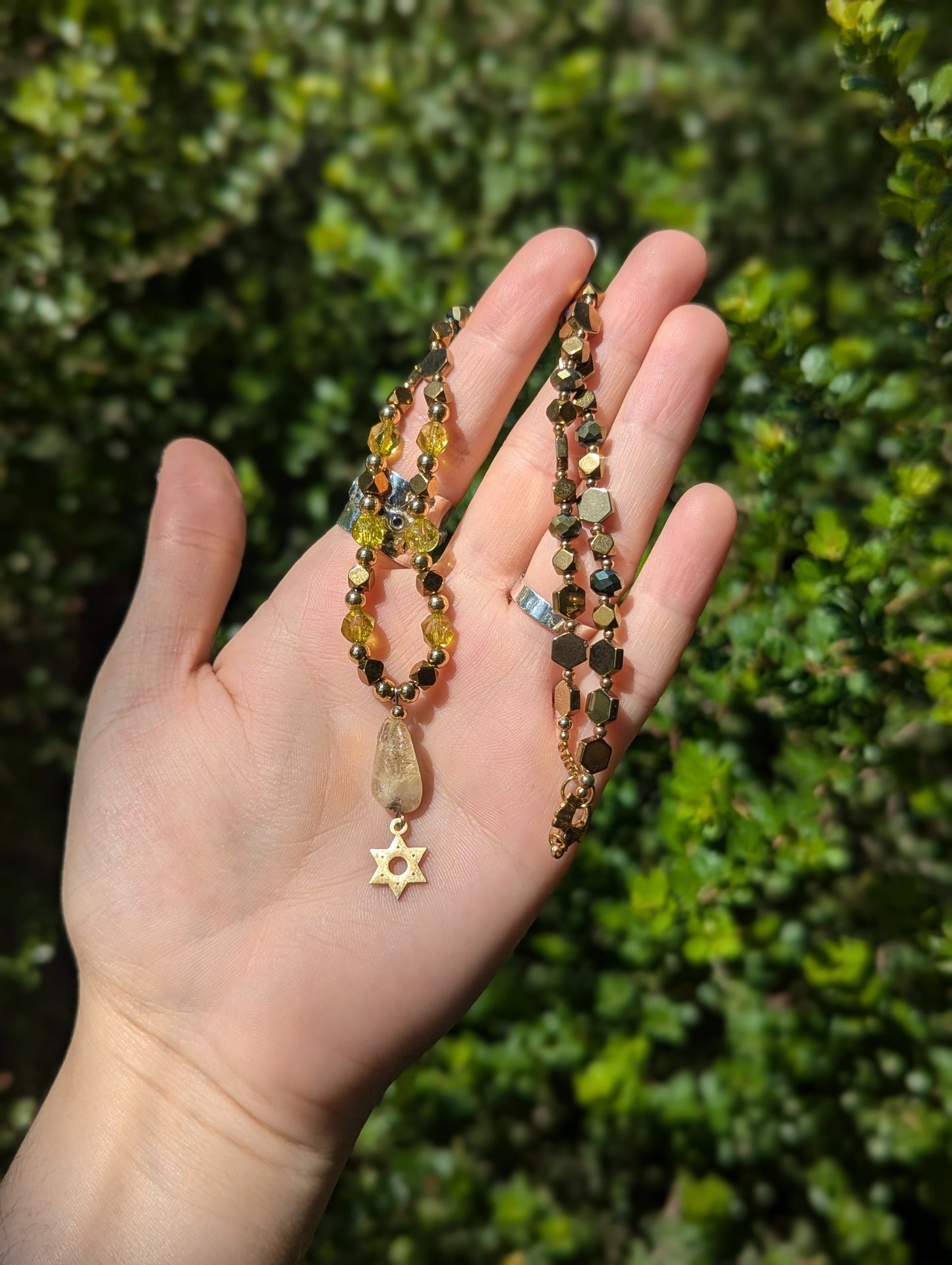 Citrine Gemstone and Gold Plated Magen David, Green Yellow Beads and Golden Geometric Beaded Necklace