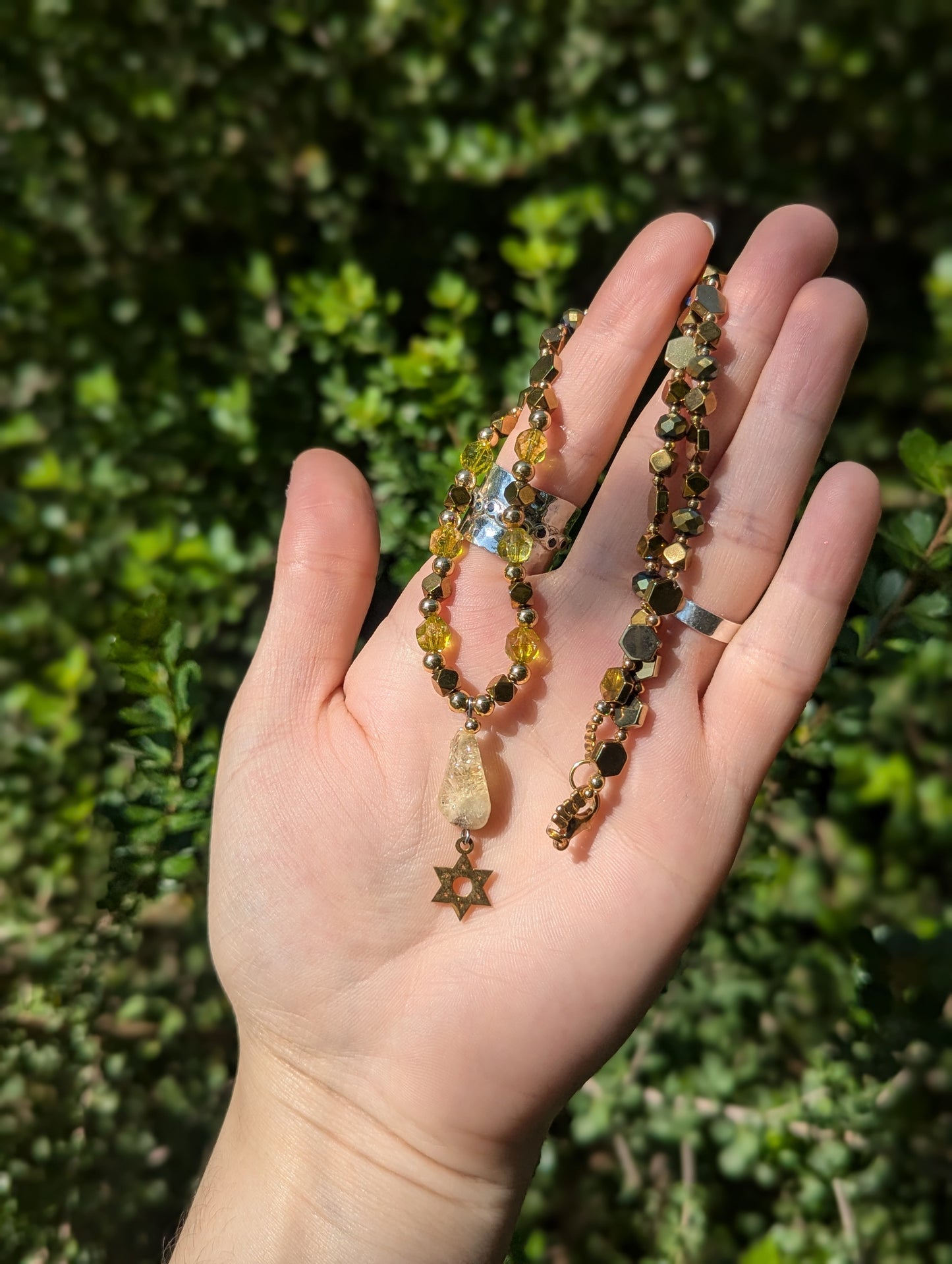 Citrine Gemstone and Gold Plated Magen David, Green Yellow Beads and Golden Geometric Beaded Necklace