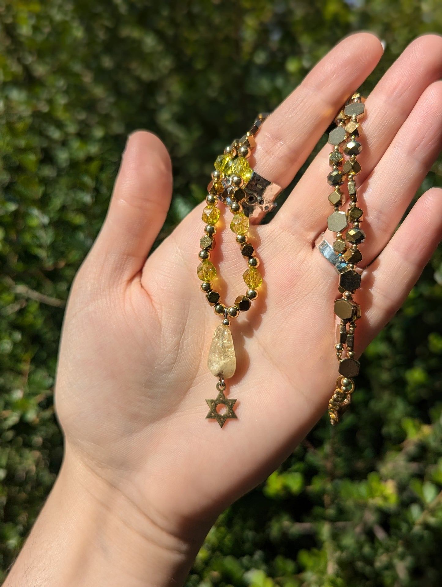 Citrine Gemstone and Gold Plated Magen David, Green Yellow Beads and Golden Geometric Beaded Necklace
