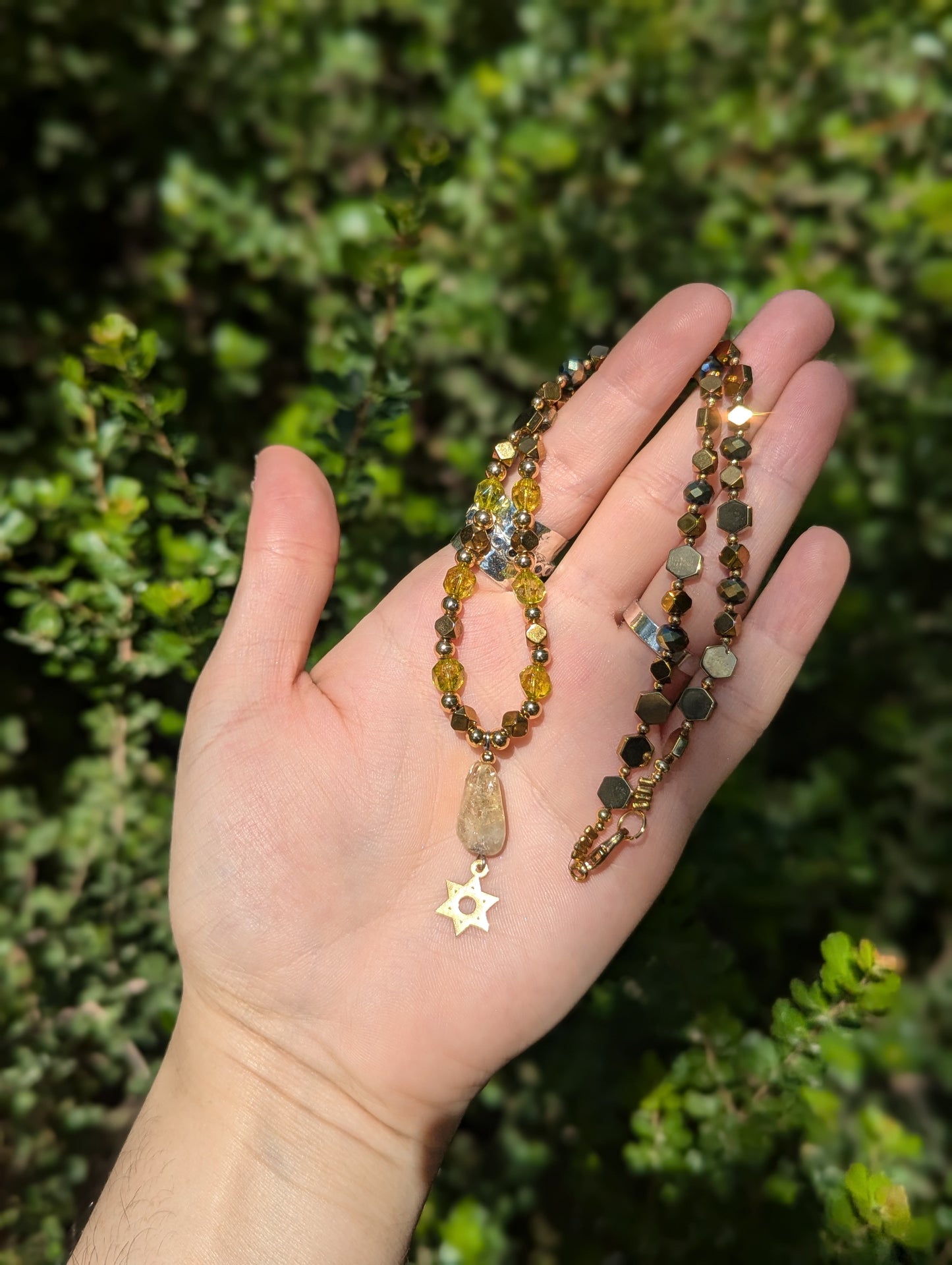 Citrine Gemstone and Gold Plated Magen David, Green Yellow Beads and Golden Geometric Beaded Necklace