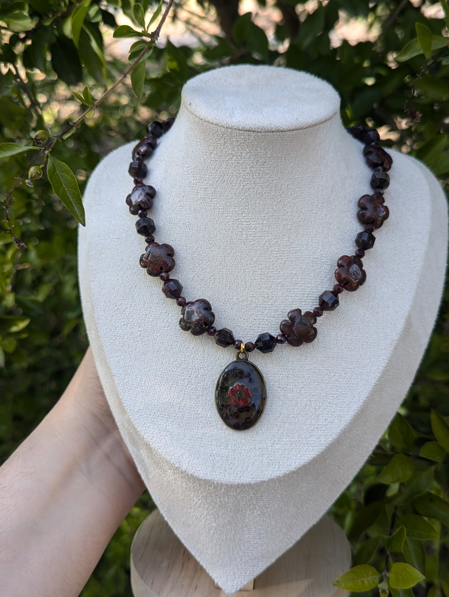 Garnet, Czech Crystal & Jasper Dark Red Flowers and Resin Necklace