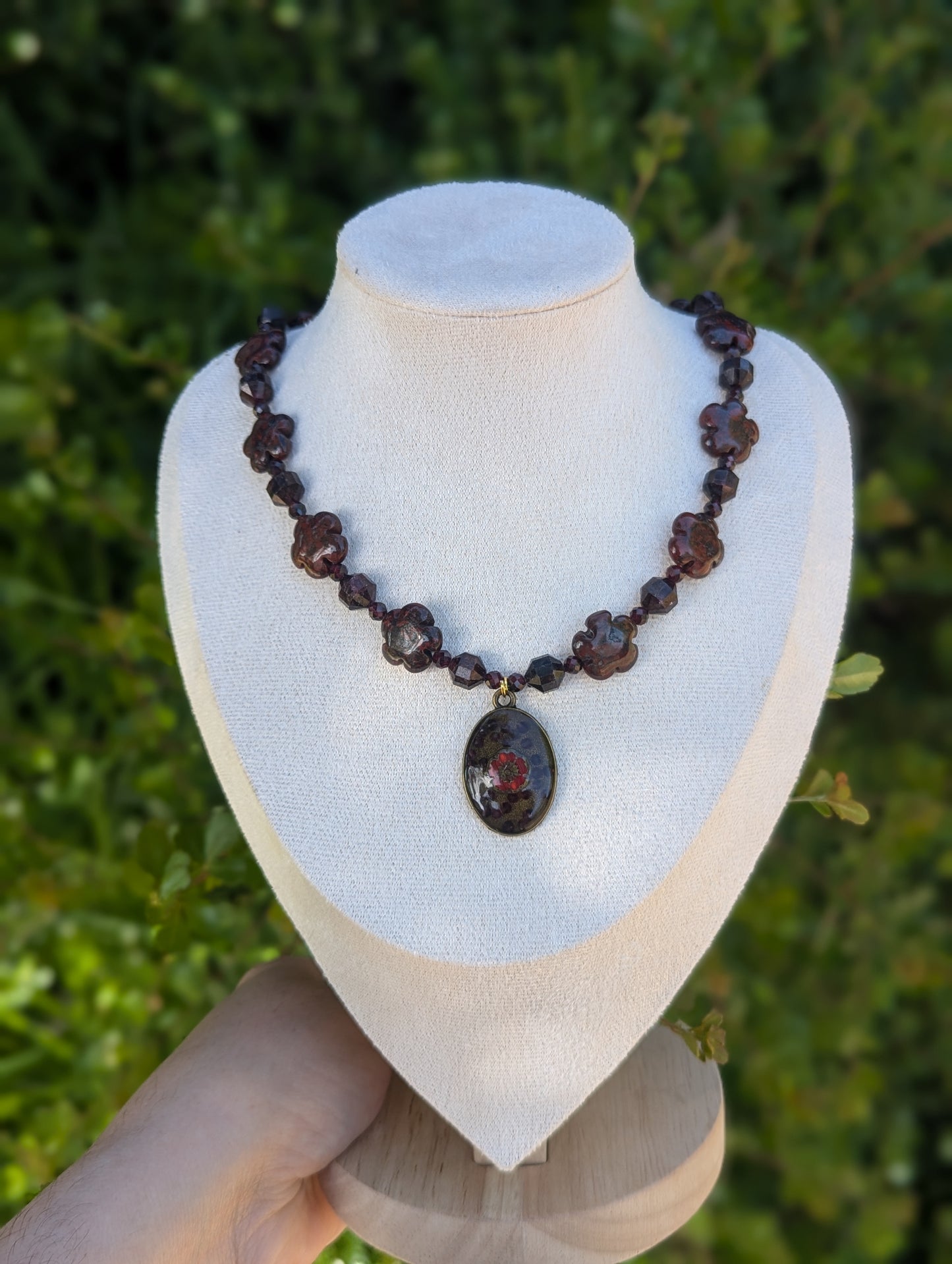 Garnet, Czech Crystal & Jasper Dark Red Flowers and Resin Necklace