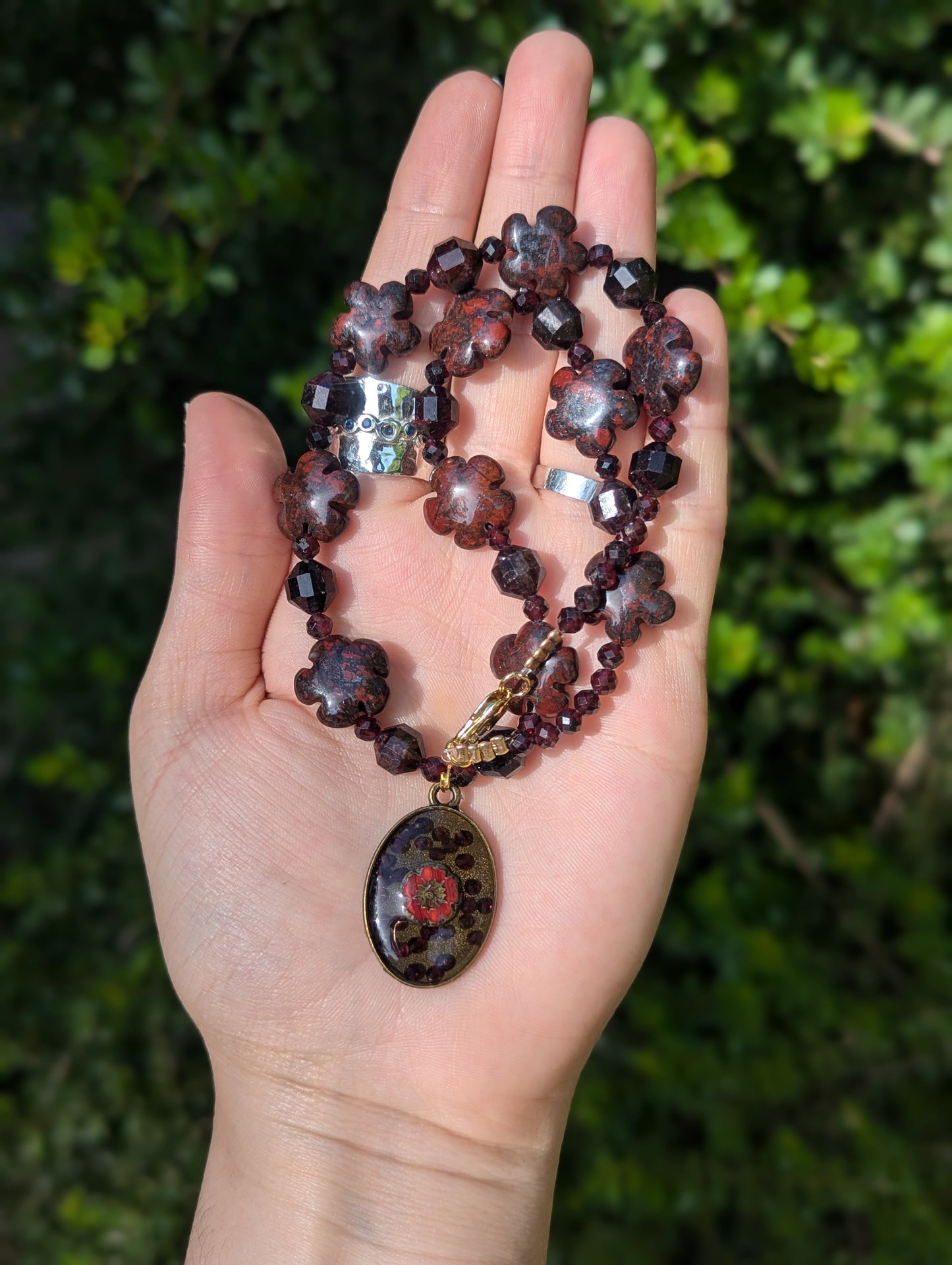 Garnet, Czech Crystal & Jasper Dark Red Flowers and Resin Necklace