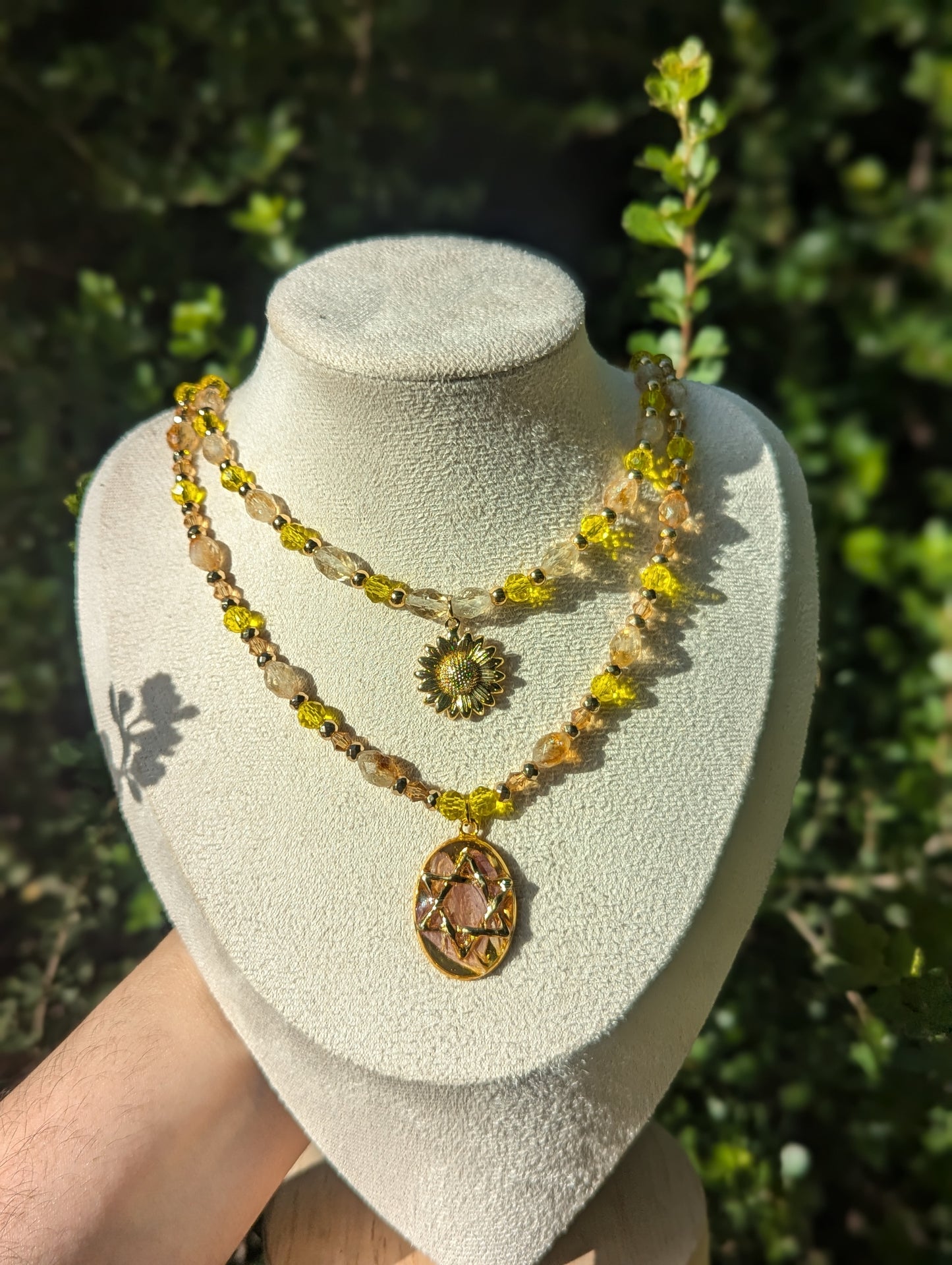 Israel Encapsulated: Yellow Pink Magen David and Sunflower Citrine Gemstones and Resin Layered Necklaces