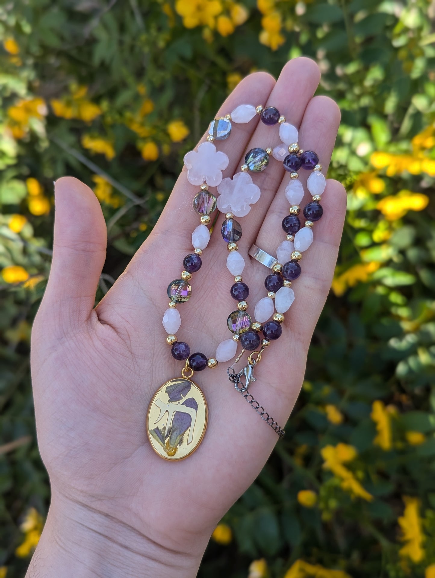Israel Encapsulated: Purple Israeli Flowers and Gold Chai, Rose Quartz and Amethyst Beaded Gemstones and Resin Necklace