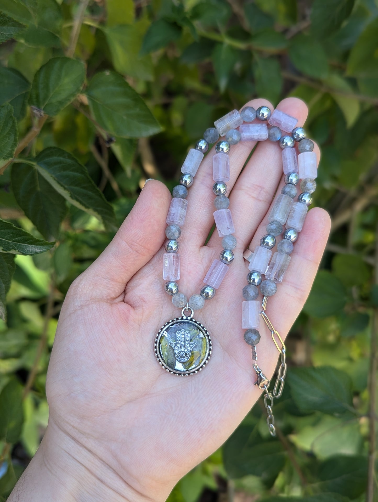 Israel Encapsulated: Yellow Israeli Flowers and Silver Zirconia Hamsa, Light Purple Amethyst and Labradortie Gemstones Necklace