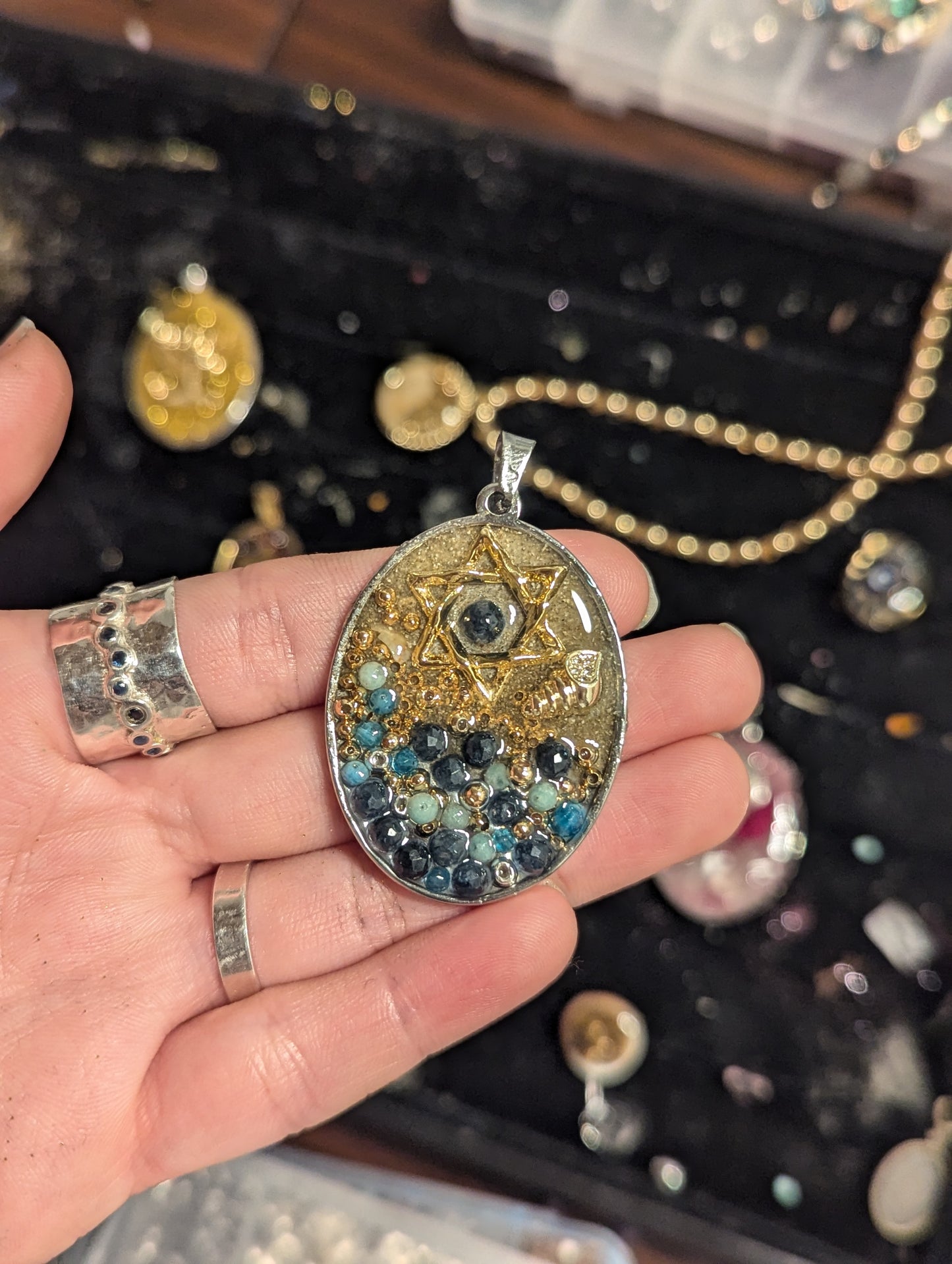 Art of the Middle Eastern Sea Israeli Sand and 3 Blue Gemstone Variants Magen David Resin Pendant