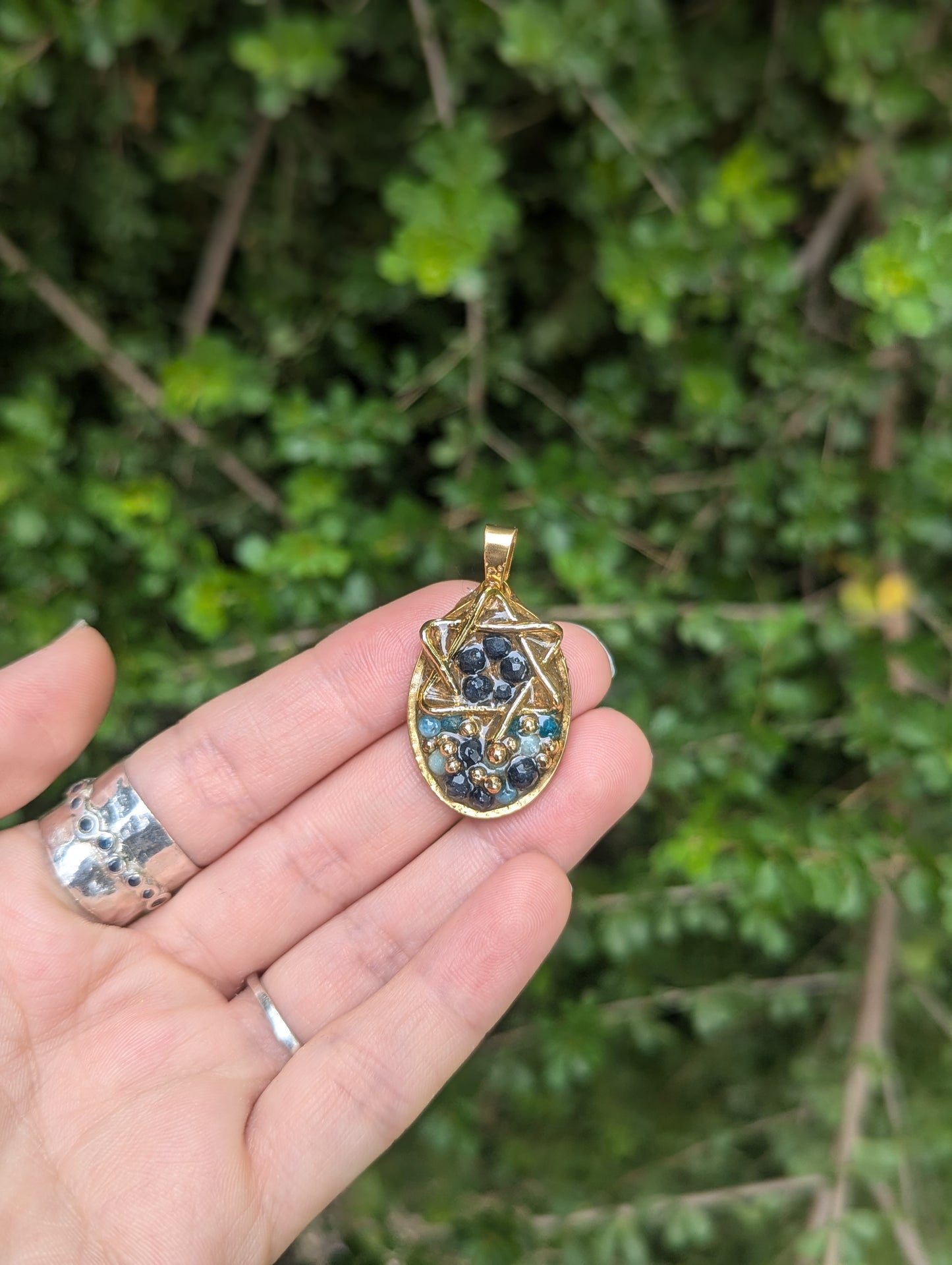 Sapphires, Apatite, Amazonite and Gold Plated Beads, Gold Plated Magen David Resin Pendant with Israeli Sand
