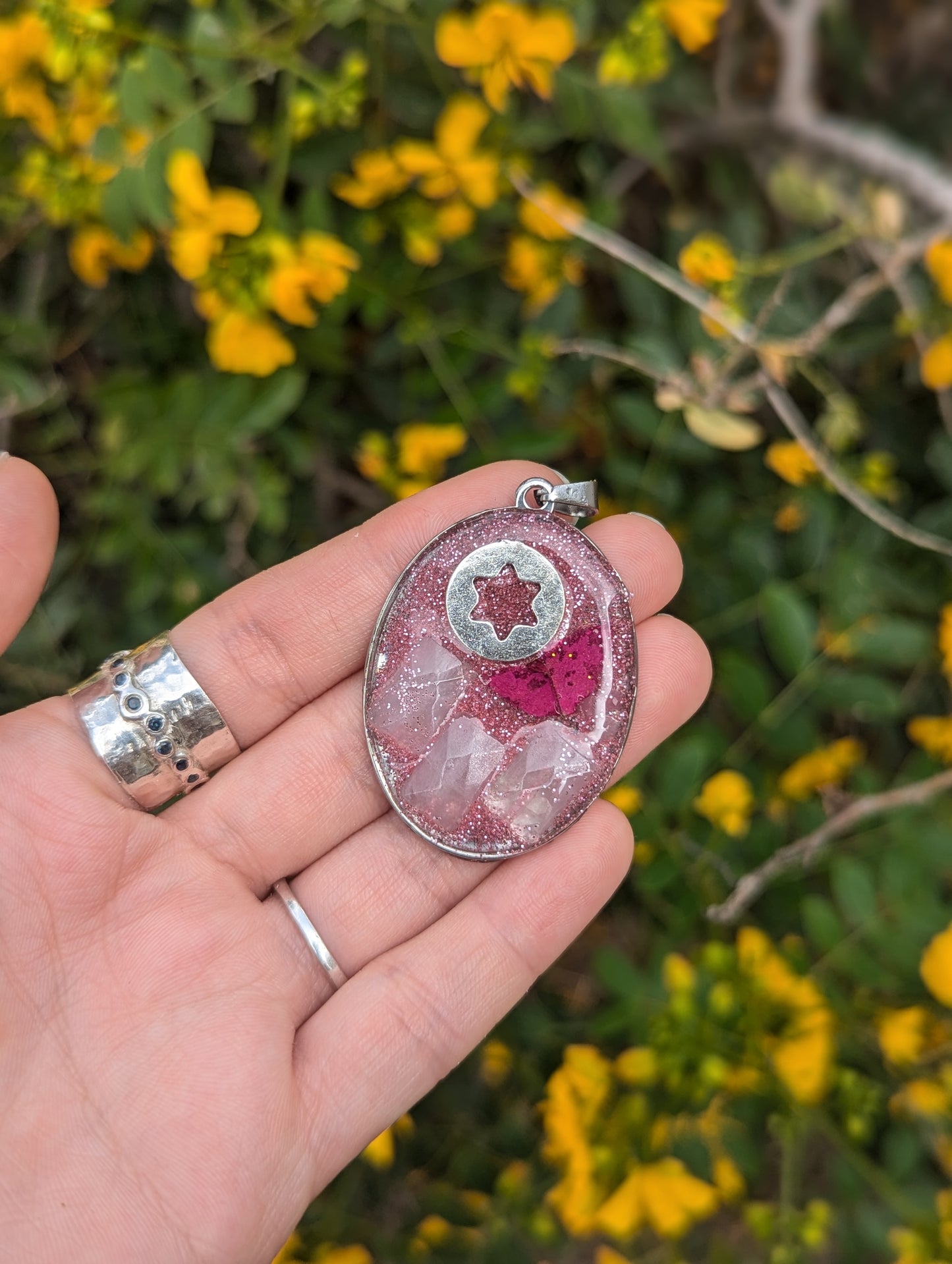 Jewish Barbie: Silver Round Magen David, Israeli Pink Flower Leaf, Rose Quartz Gemstones and Pink Glitter Resin Pendant