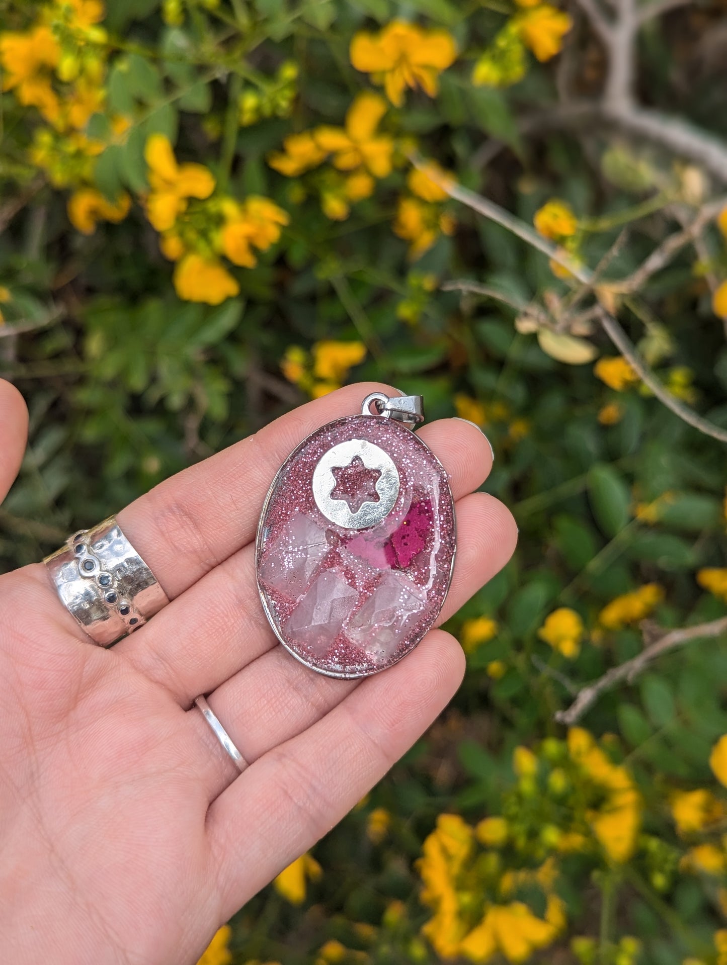 Jewish Barbie: Silver Round Magen David, Israeli Pink Flower Leaf, Rose Quartz Gemstones and Pink Glitter Resin Pendant