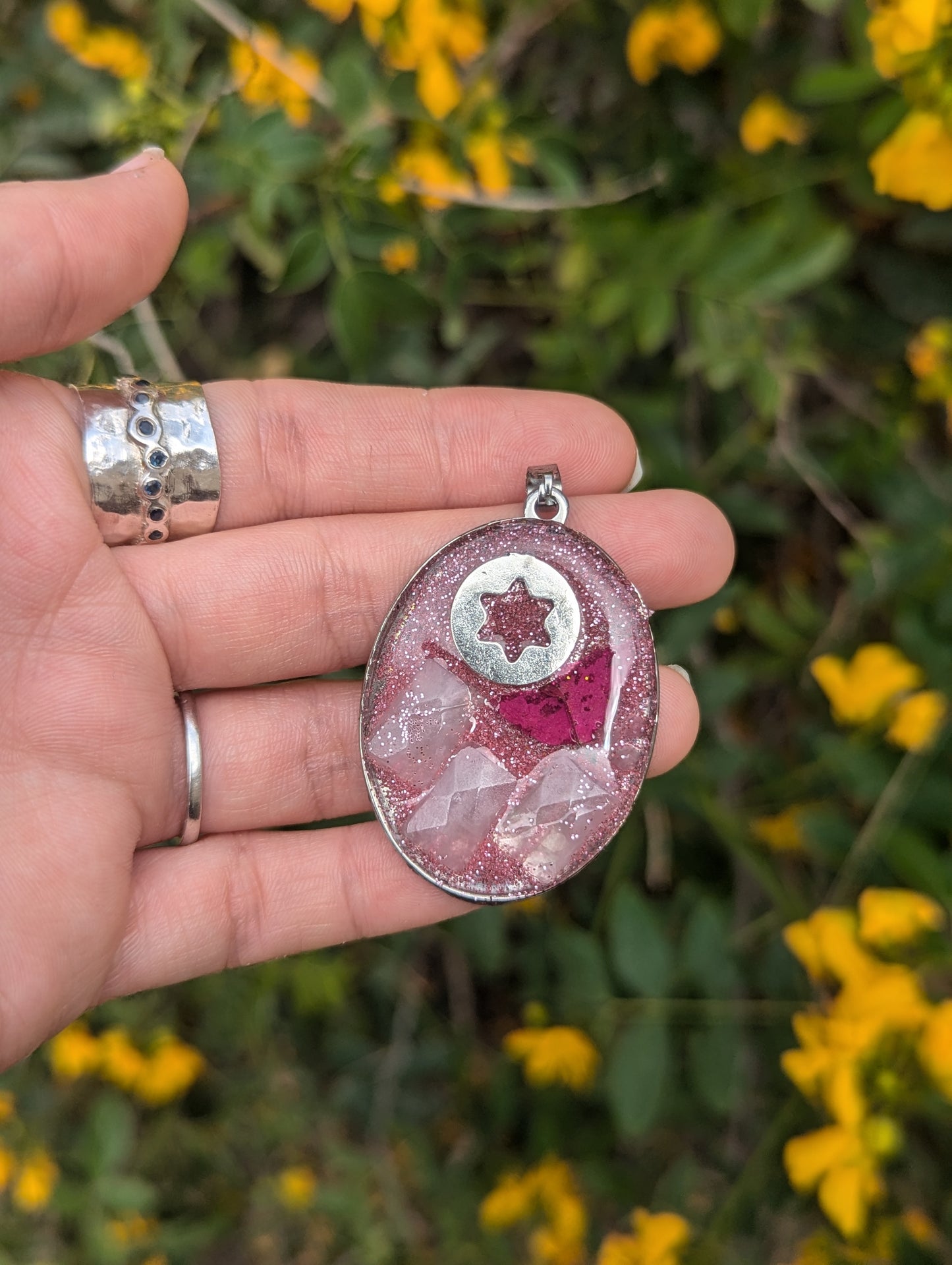 Jewish Barbie: Silver Round Magen David, Israeli Pink Flower Leaf, Rose Quartz Gemstones and Pink Glitter Resin Pendant