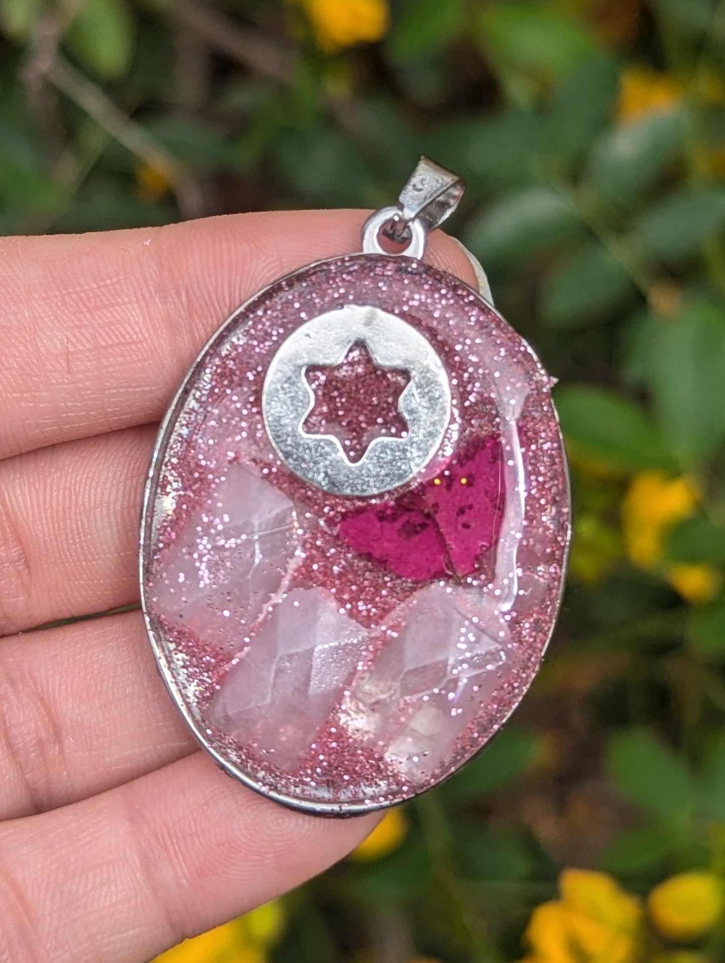 Jewish Barbie: Silver Round Magen David, Israeli Pink Flower Leaf, Rose Quartz Gemstones and Pink Glitter Resin Pendant