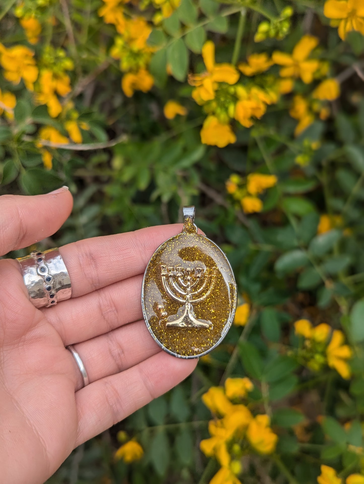 Gold Jerusalem Beit Mikdash Menorah Gold Plated Pendant in Israeli Sand and Gold Glitter Shine Stainless Steel Pendant
