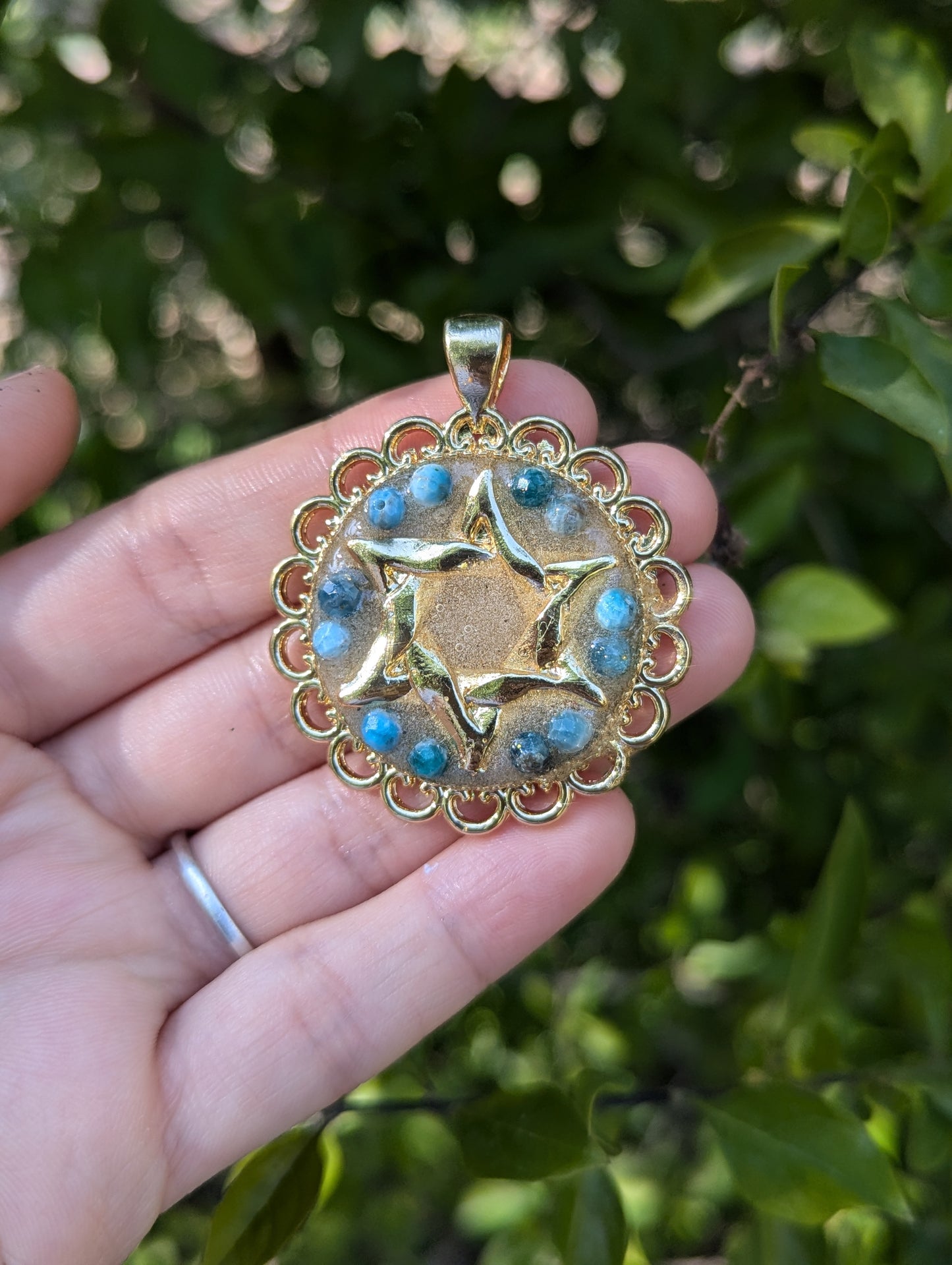 Israel Encapsulated: Apatite Gemstones, Israeli Sand and Magen David Gold Plated Resin Pendant