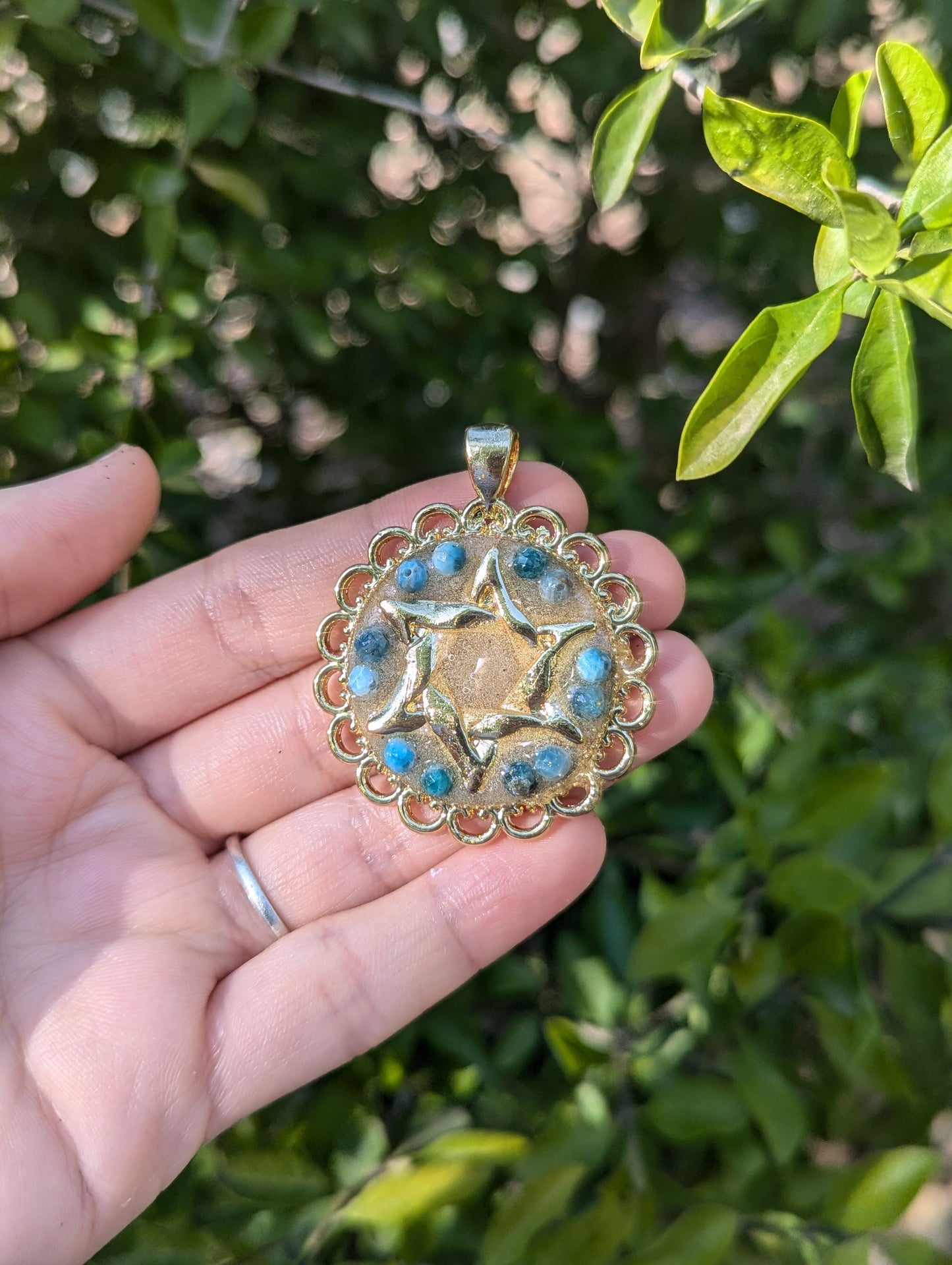 Israel Encapsulated: Apatite Gemstones, Israeli Sand and Magen David Gold Plated Resin Pendant