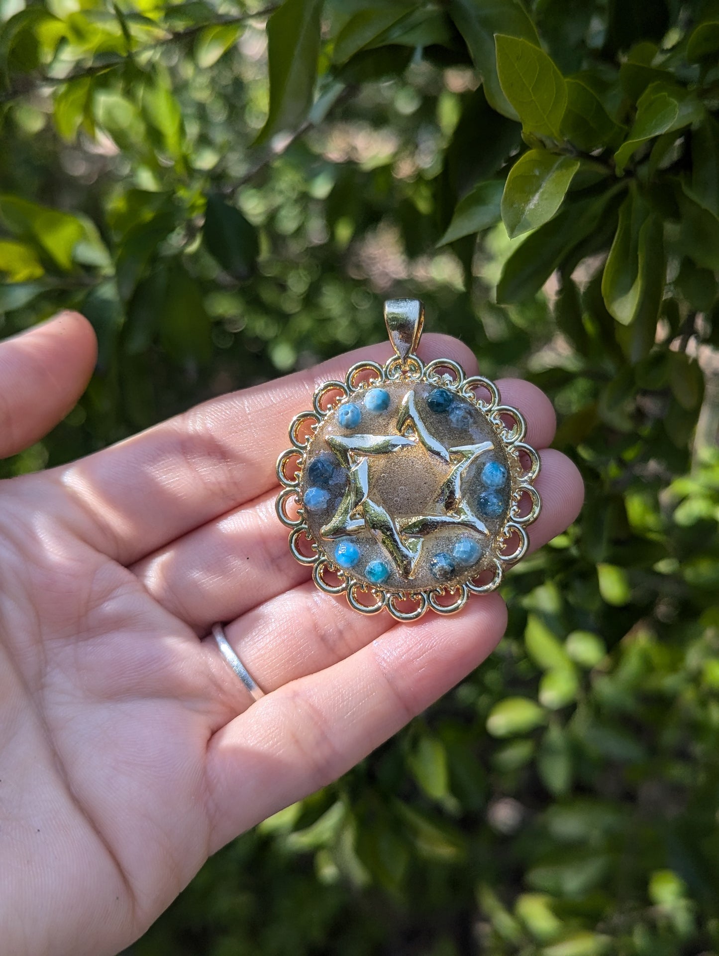 Israel Encapsulated: Apatite Gemstones, Israeli Sand and Magen David Gold Plated Resin Pendant