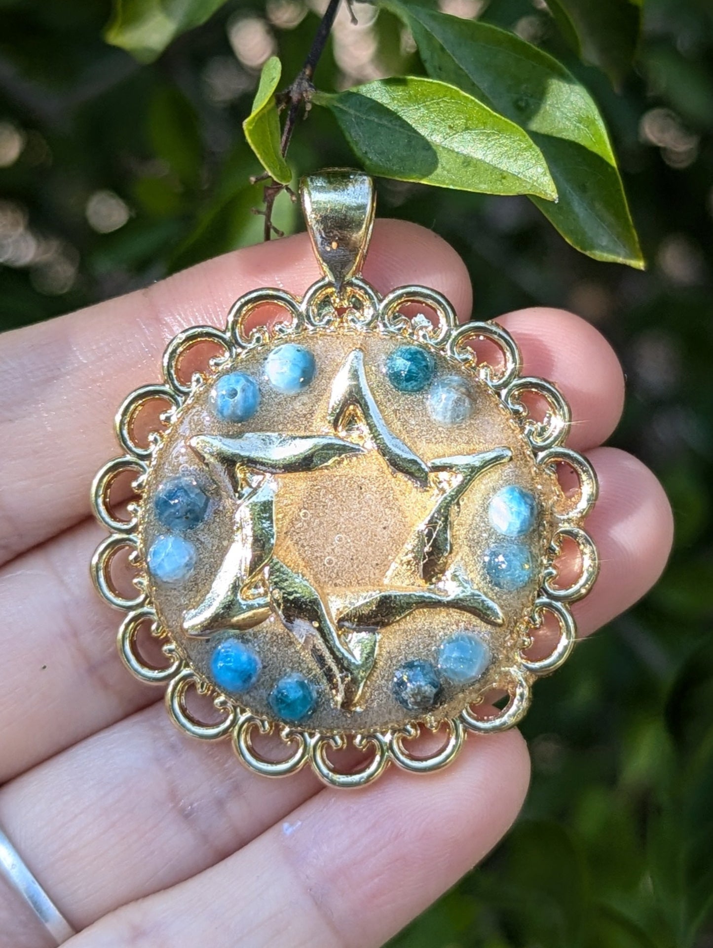 Israel Encapsulated: Apatite Gemstones, Israeli Sand and Magen David Gold Plated Resin Pendant