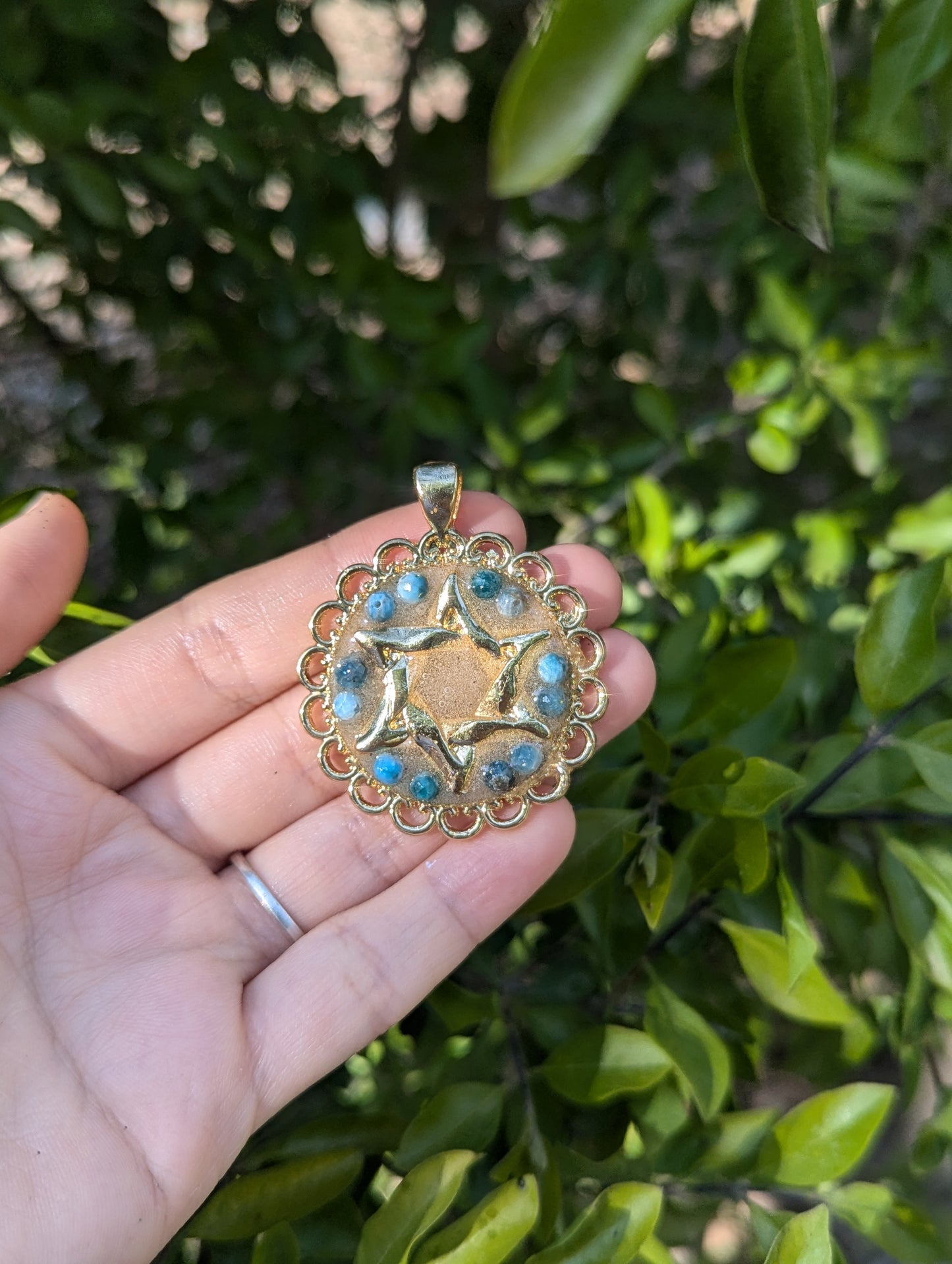 Israel Encapsulated: Apatite Gemstones, Israeli Sand and Magen David Gold Plated Resin Pendant
