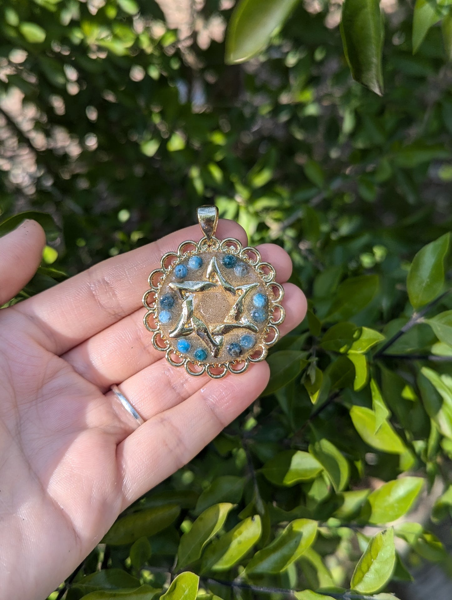 Israel Encapsulated: Apatite Gemstones, Israeli Sand and Magen David Gold Plated Resin Pendant