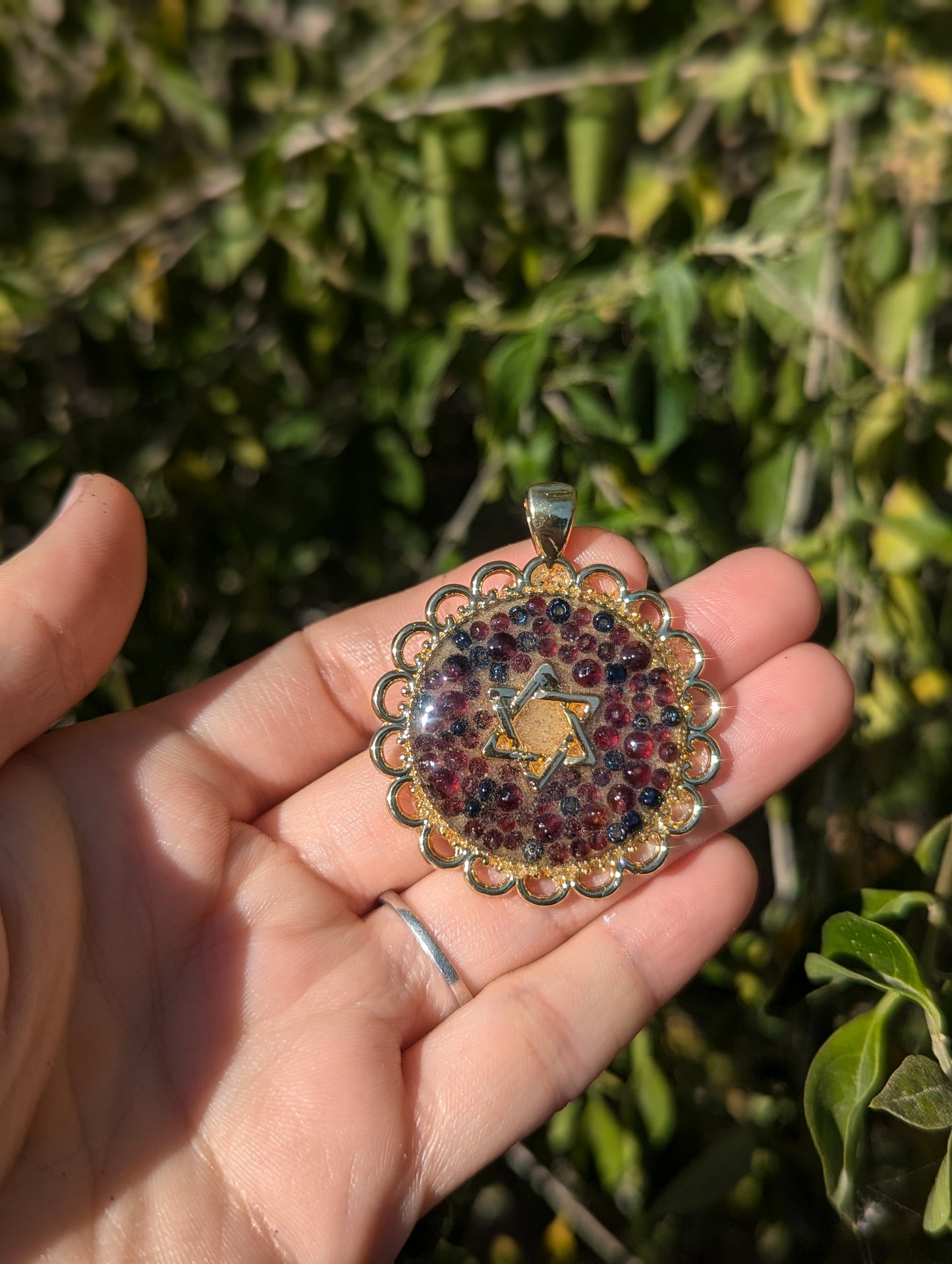 Garnet Gemstones, Dark Blue Glass Beads, Israeli Sand & Gold Plated Magen David Resin Pendant