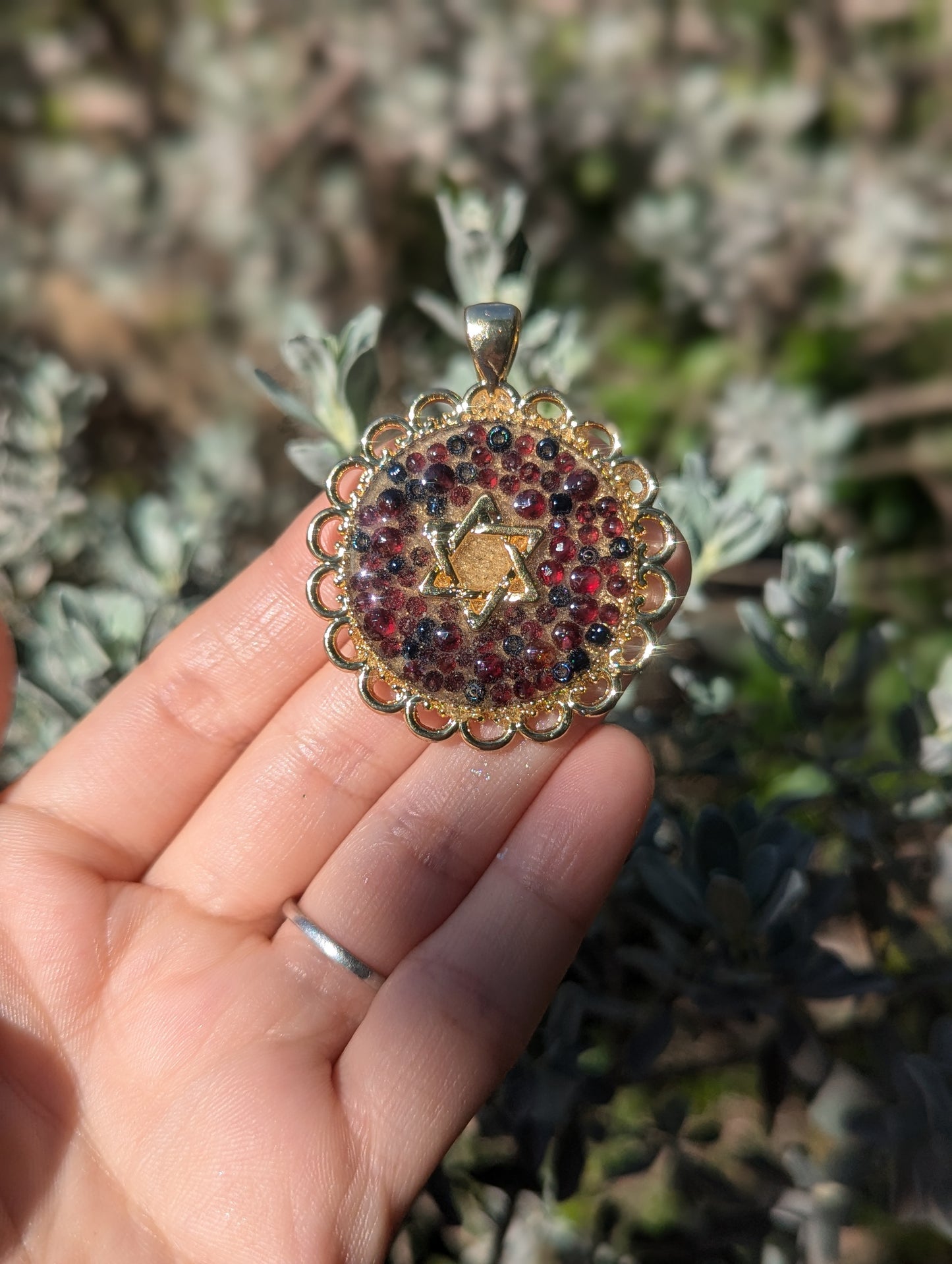 Garnet Gemstones, Dark Blue Glass Beads, Israeli Sand & Gold Plated Magen David Resin Pendant