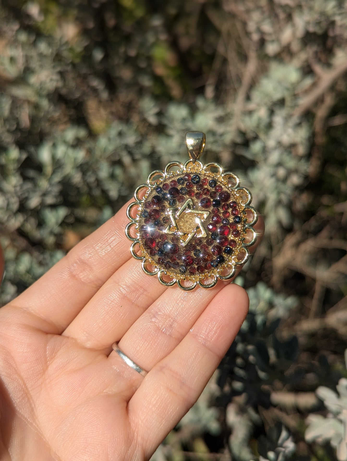 Garnet Gemstones, Dark Blue Glass Beads, Israeli Sand & Gold Plated Magen David Resin Pendant