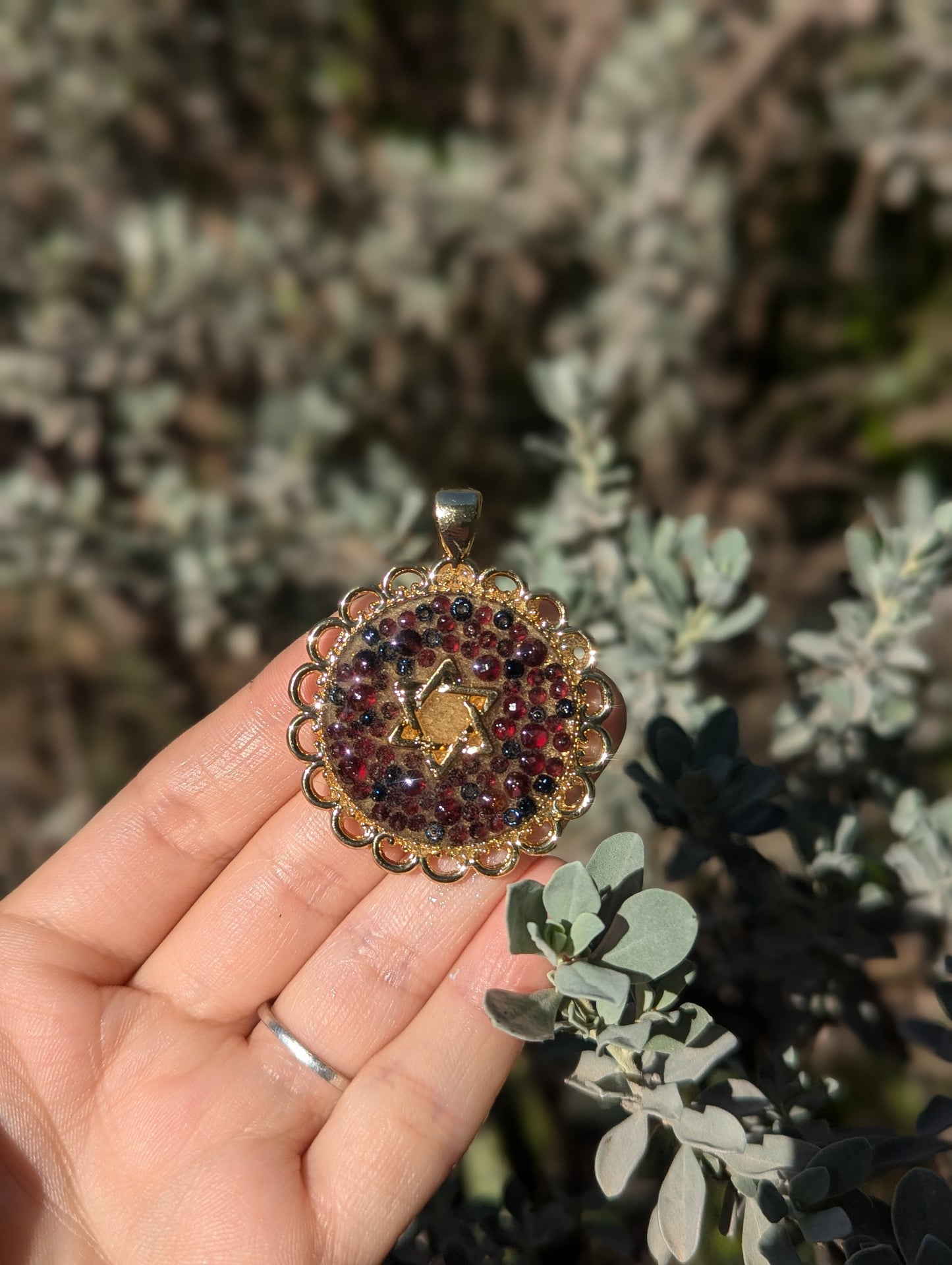 Garnet Gemstones, Dark Blue Glass Beads, Israeli Sand & Gold Plated Magen David Resin Pendant