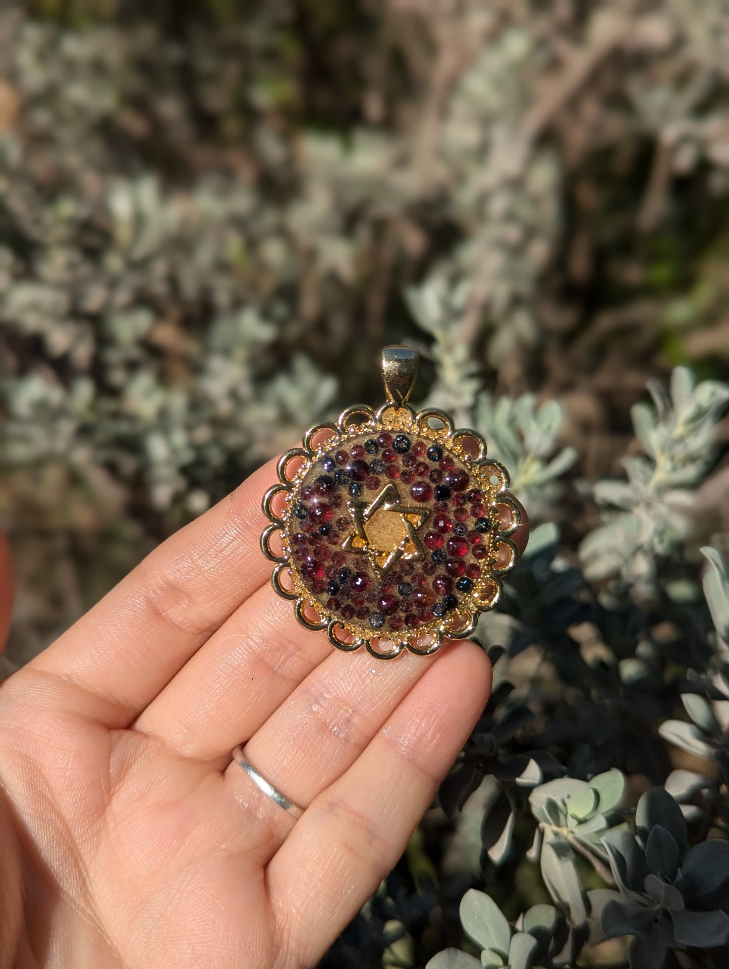 Garnet Gemstones, Dark Blue Glass Beads, Israeli Sand & Gold Plated Magen David Resin Pendant