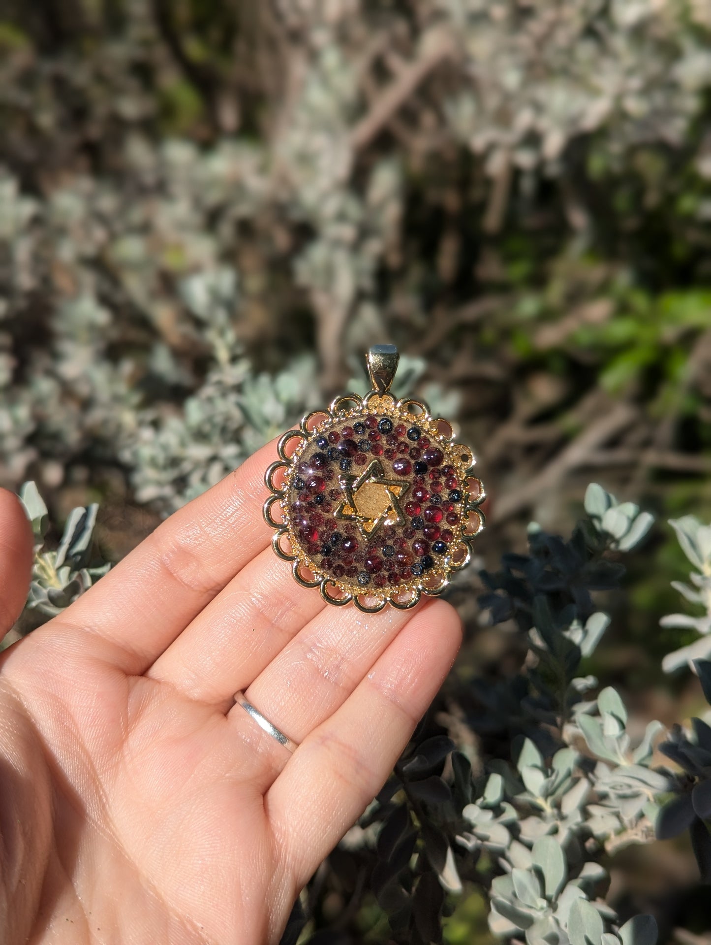 Garnet Gemstones, Dark Blue Glass Beads, Israeli Sand & Gold Plated Magen David Resin Pendant
